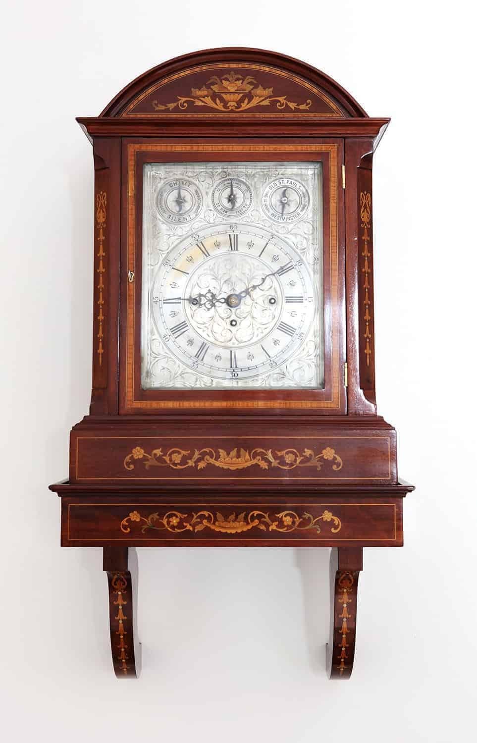 Victorian Marquetry Bracket Clock With Engraved Face For Sale