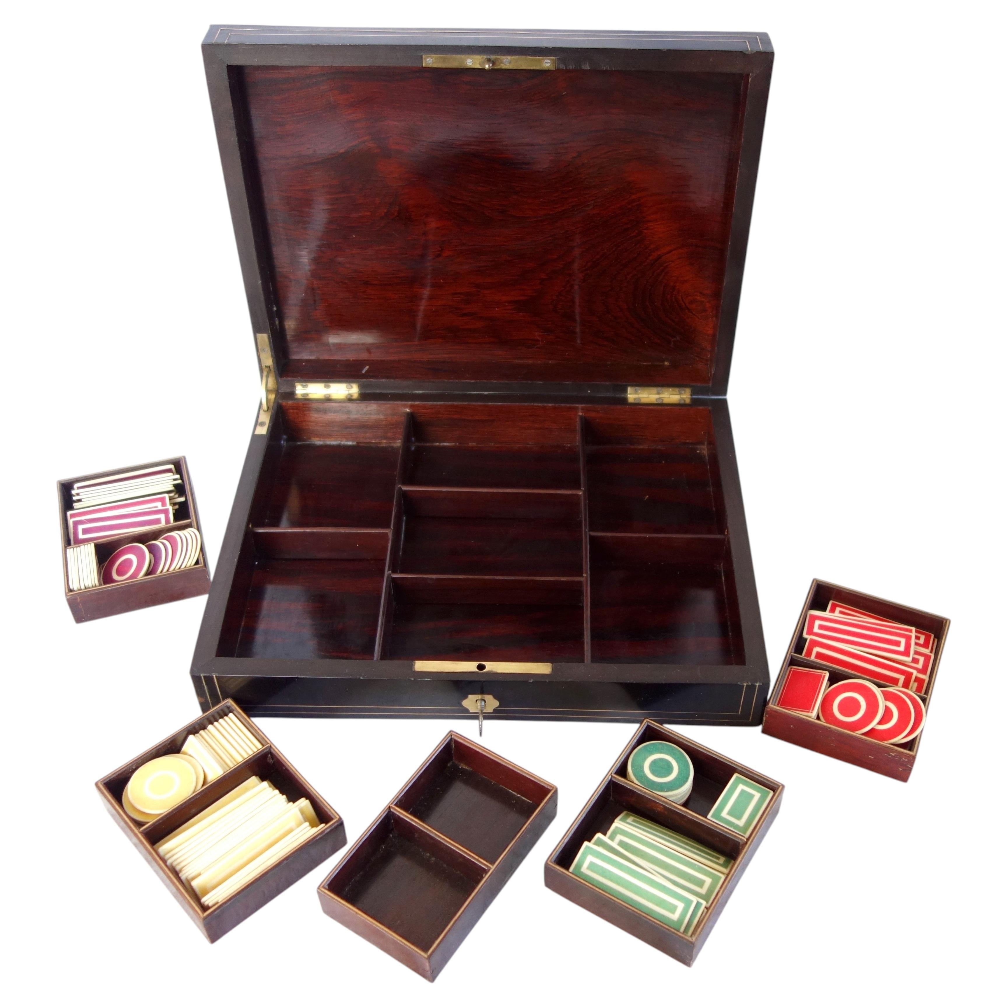 Marquetry game box and chips, Napoleon III period, mid 19th century For Sale