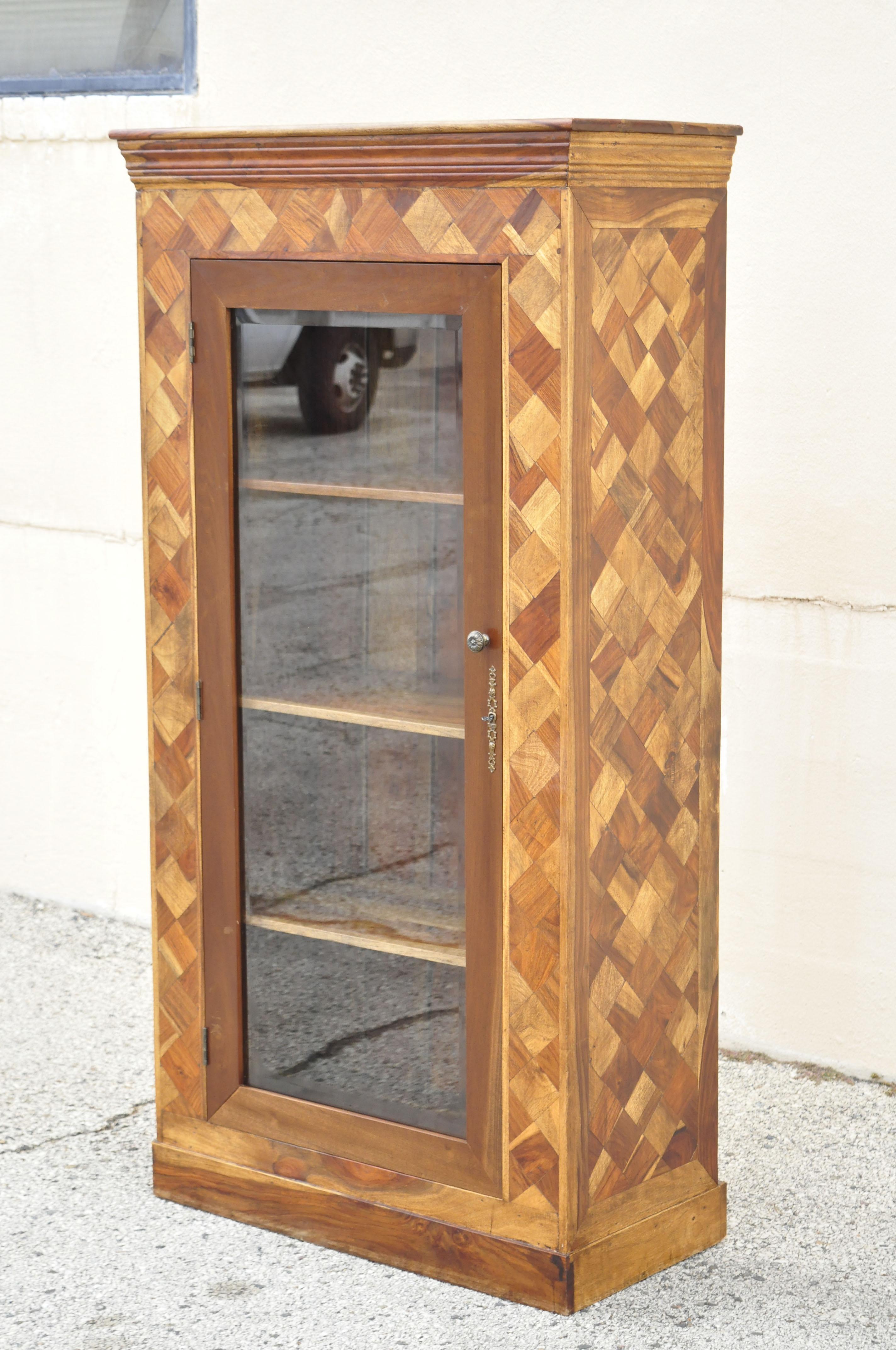 Marquetry Geometric Inlay Mixed Wood One Drawer Bookcase Display Cabinet Curio For Sale 7