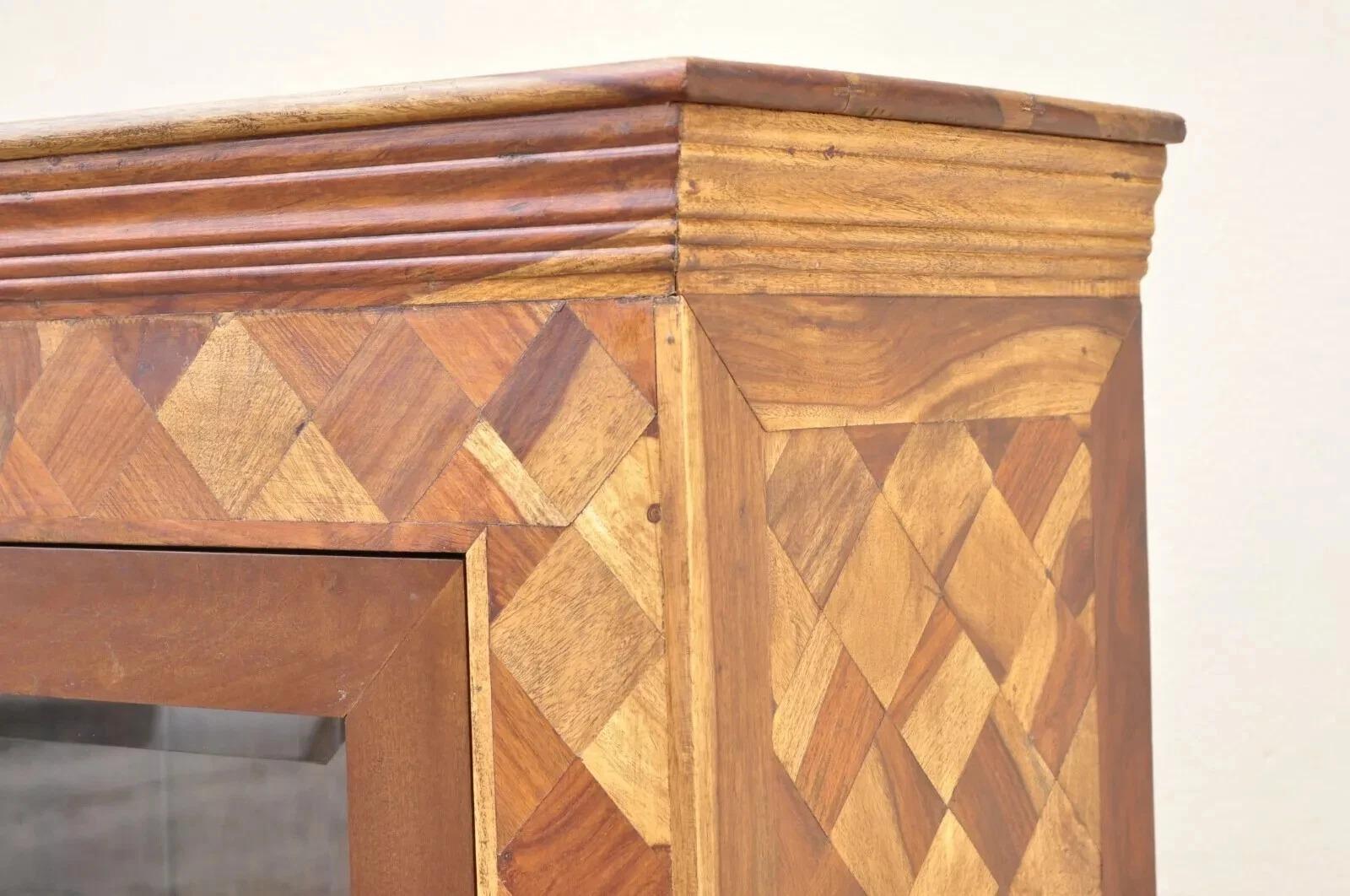 Unknown Marquetry Geometric Inlay Mixed Wood One Drawer Bookcase Display Cabinet Curio For Sale