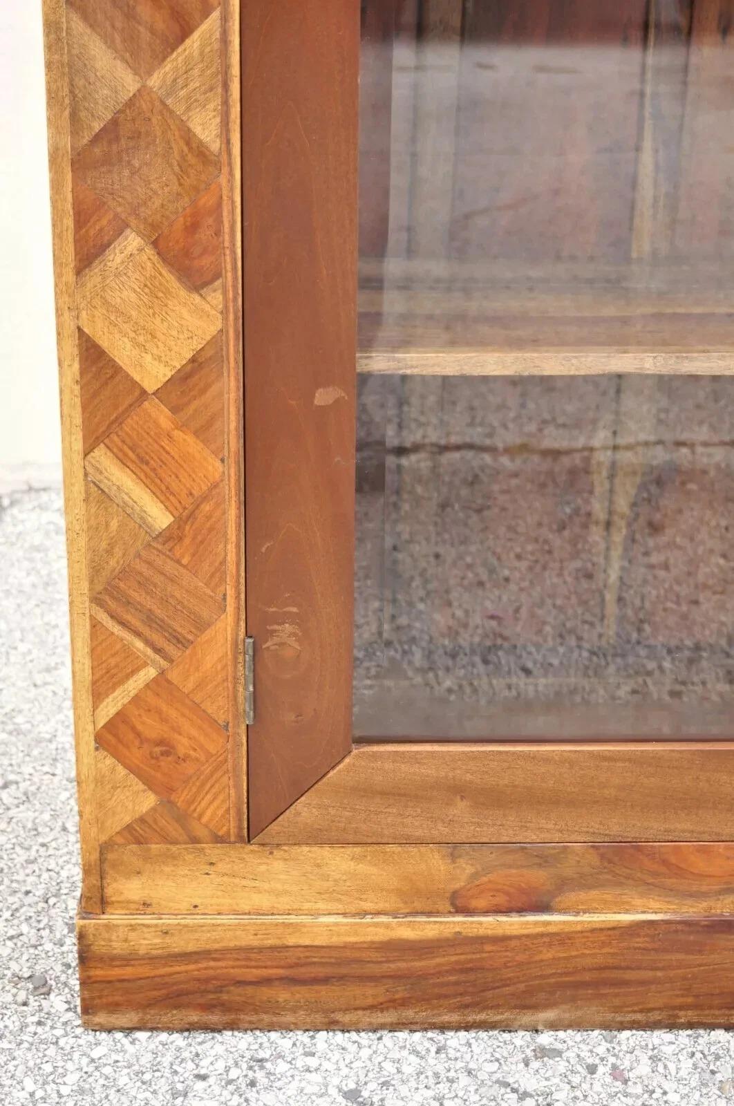 20th Century Marquetry Geometric Inlay Mixed Wood One Drawer Bookcase Display Cabinet Curio For Sale
