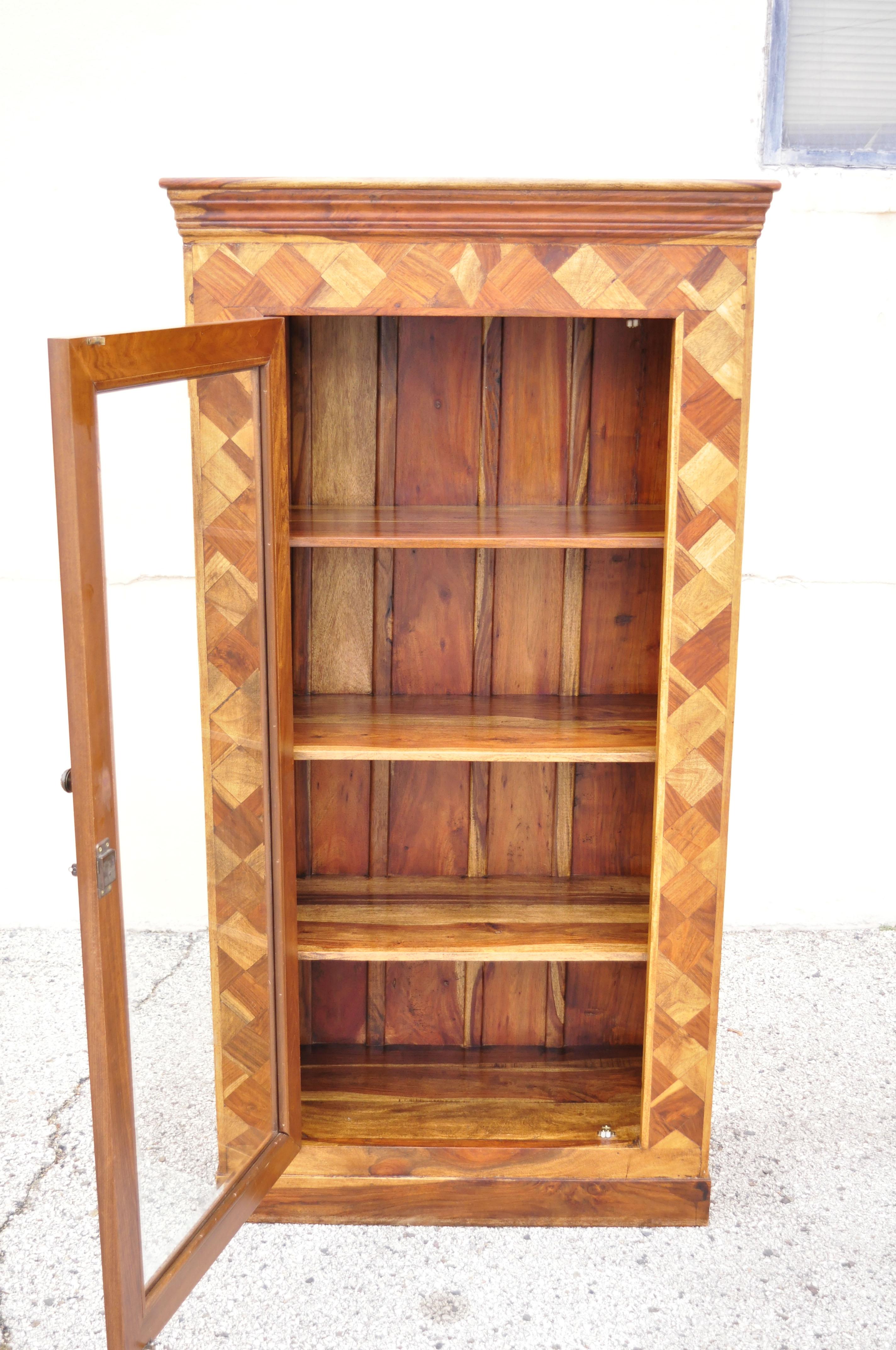 Marquetry Geometric Inlay Mixed Wood One Drawer Bookcase Display Cabinet Curio For Sale 2