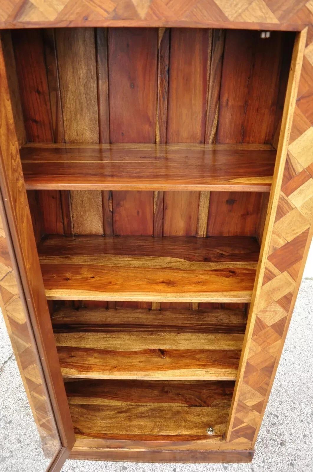 Marquetry Geometric Inlay Mixed Wood One Drawer Bookcase Display Cabinet Curio For Sale 1