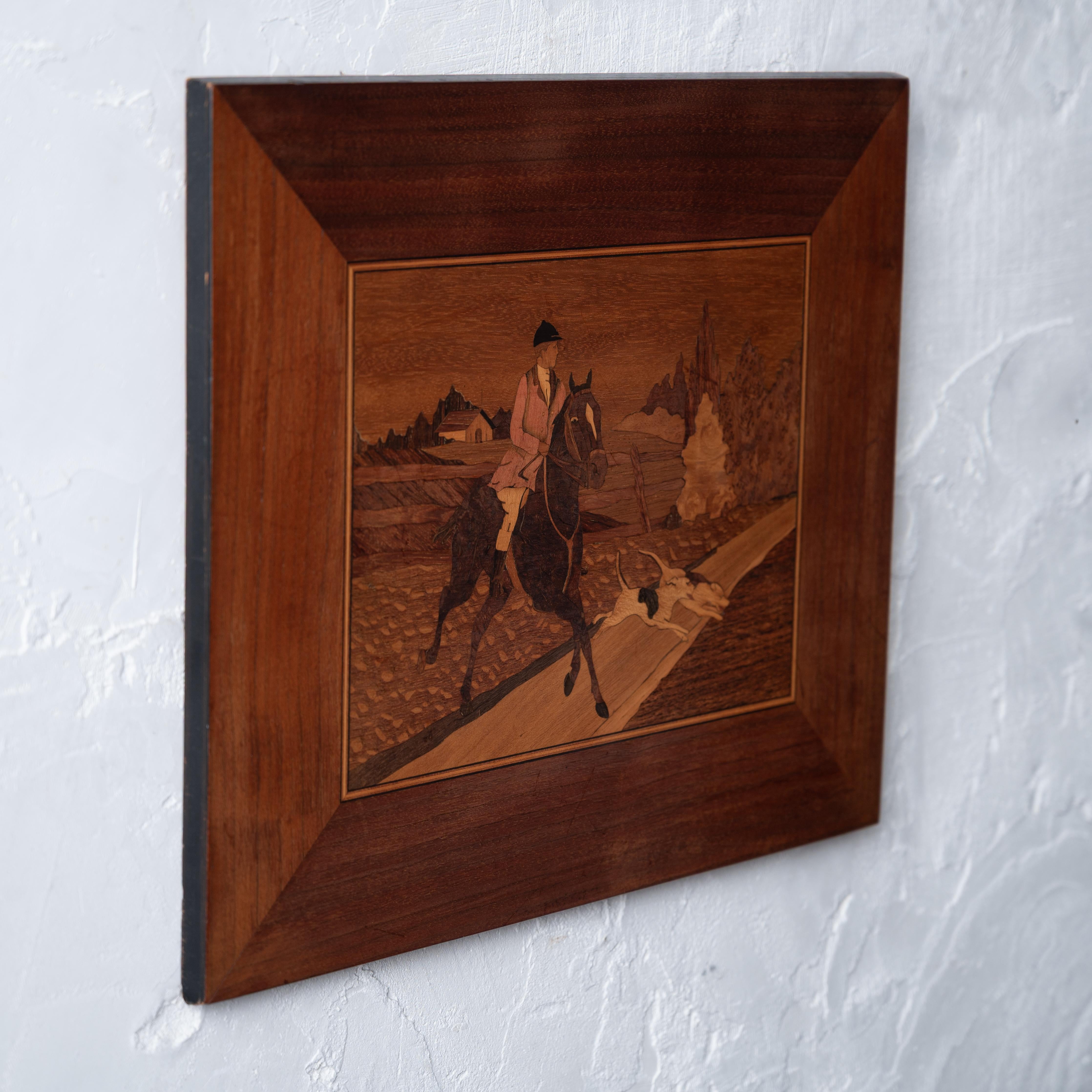 Wood Marquetry Hunt Scene Panel, c.1920 For Sale