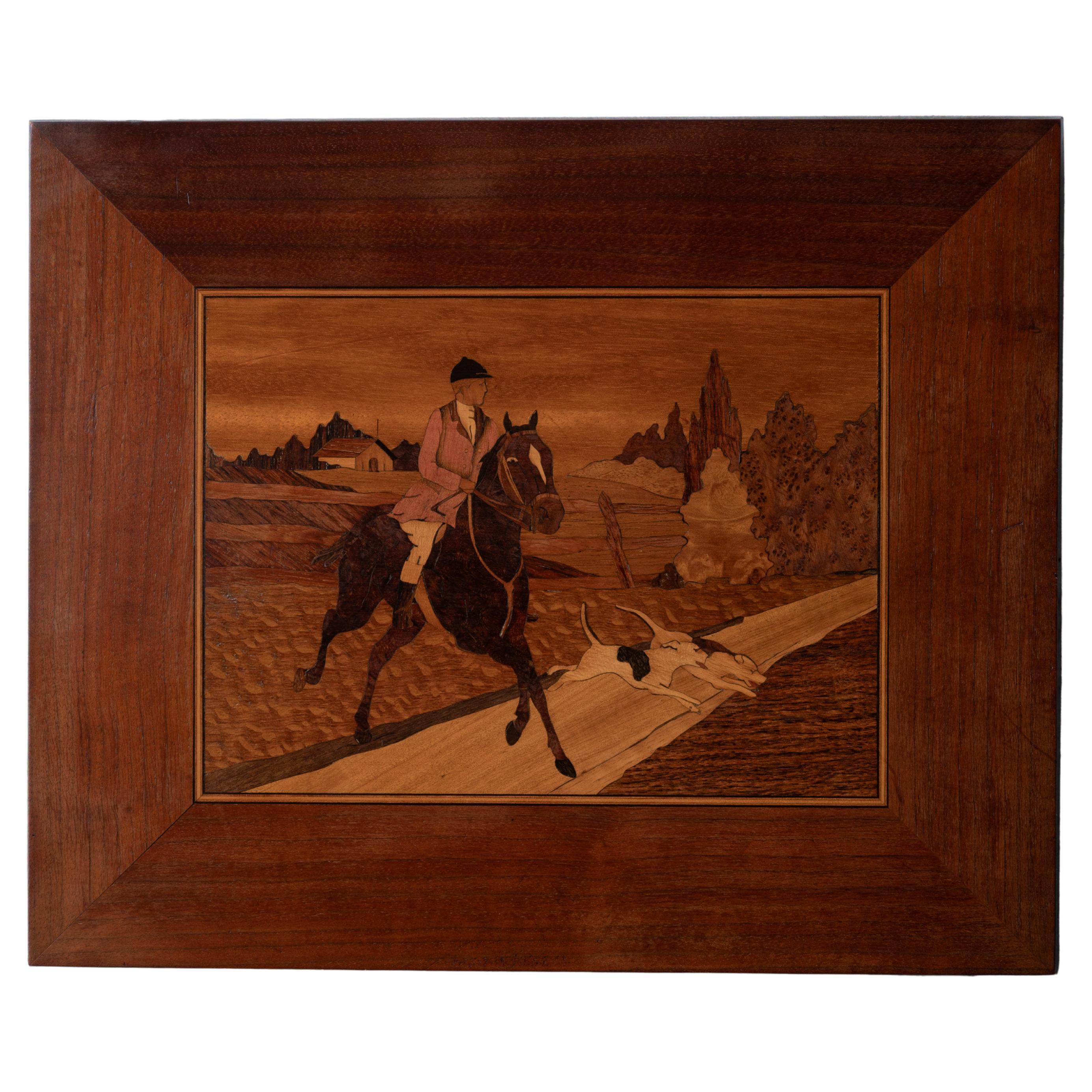 Marquetry Hunt Scene Panel, c.1920 For Sale