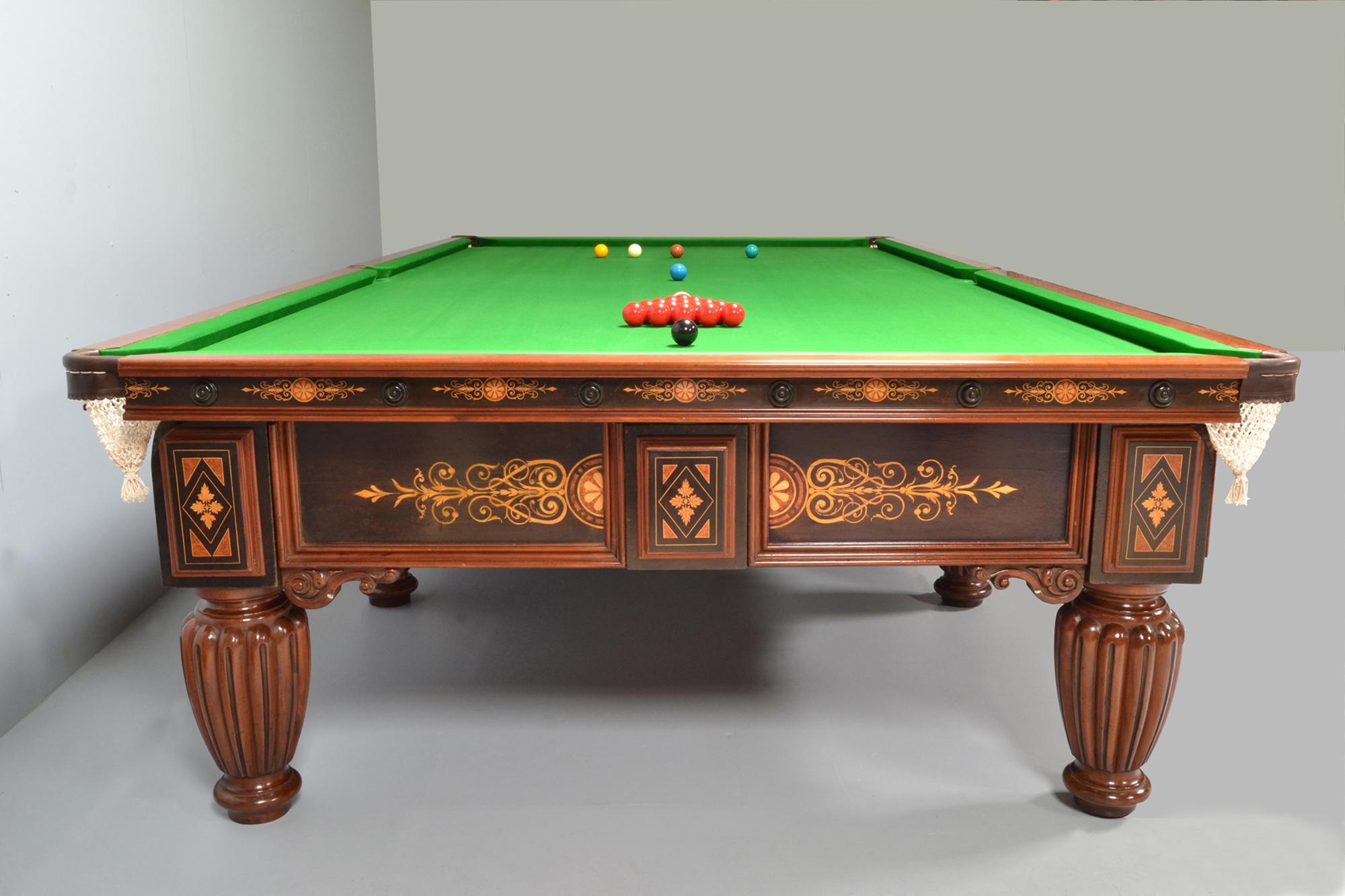 English Antique billiard snooker pool table in stock inlaid marquetry For Sale