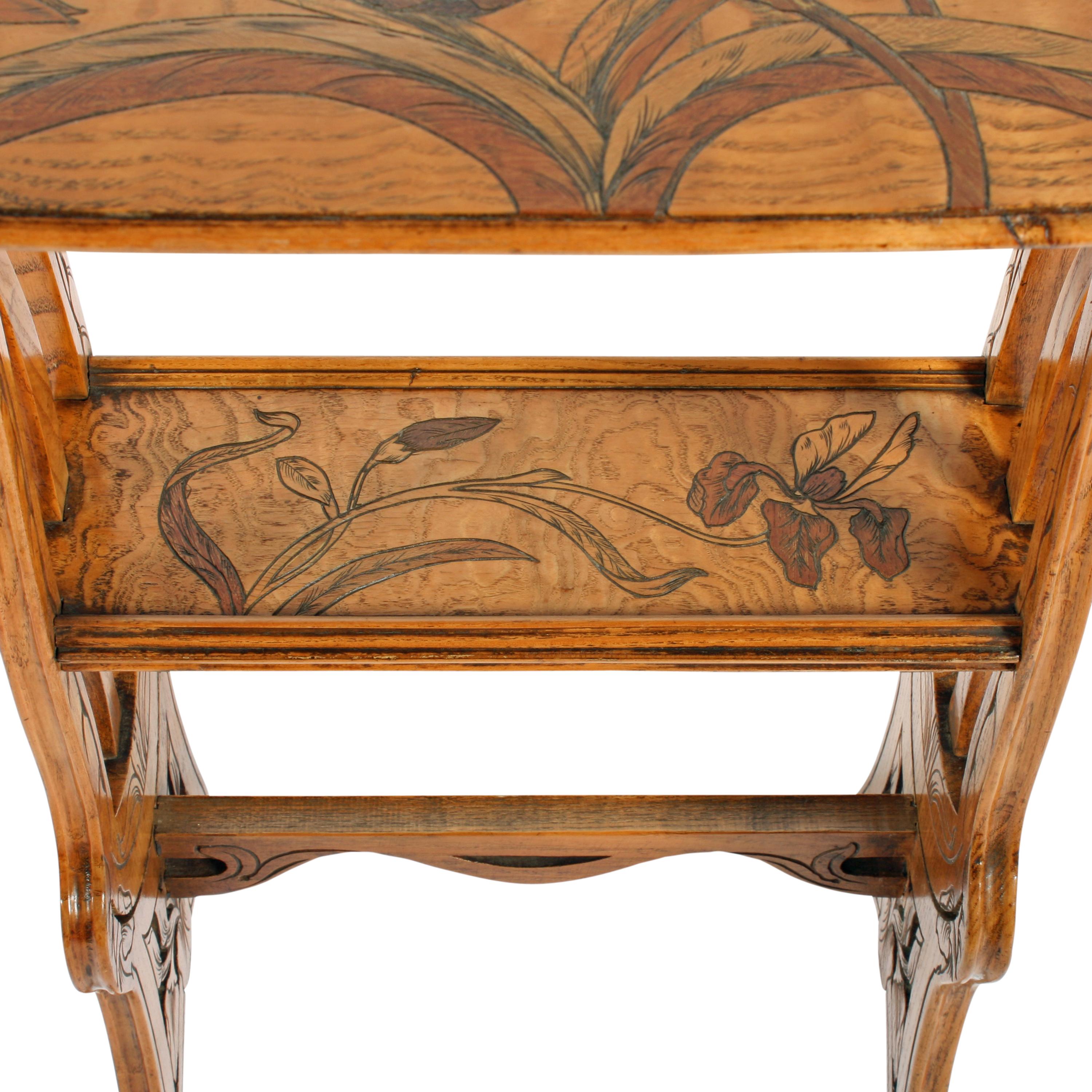 19th Century Marquetry Inlaid Ash Table Attributed to Émile Gallé