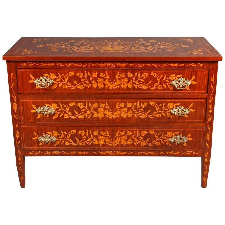 Marquetry Inlaid Commode in Neoclassical Style, Mahagony and Maple Veneer For Sale