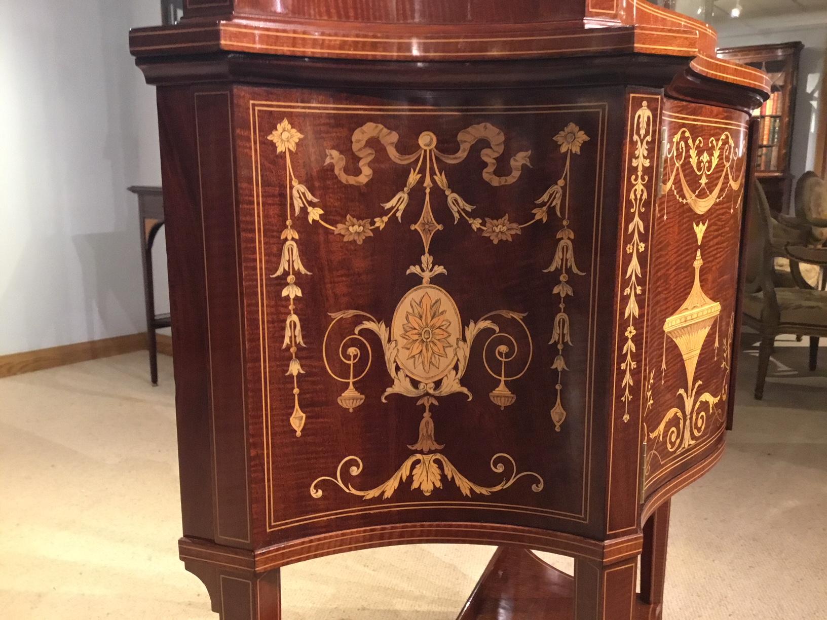  Marquetry Inlaid Edwardian Period Serpentine Cabinet by Maple 9