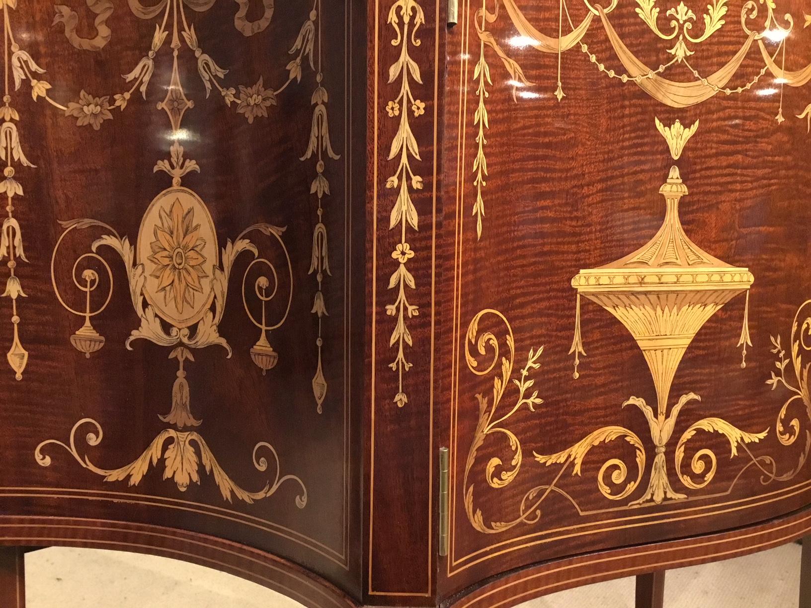  Marquetry Inlaid Edwardian Period Serpentine Cabinet by Maple 1