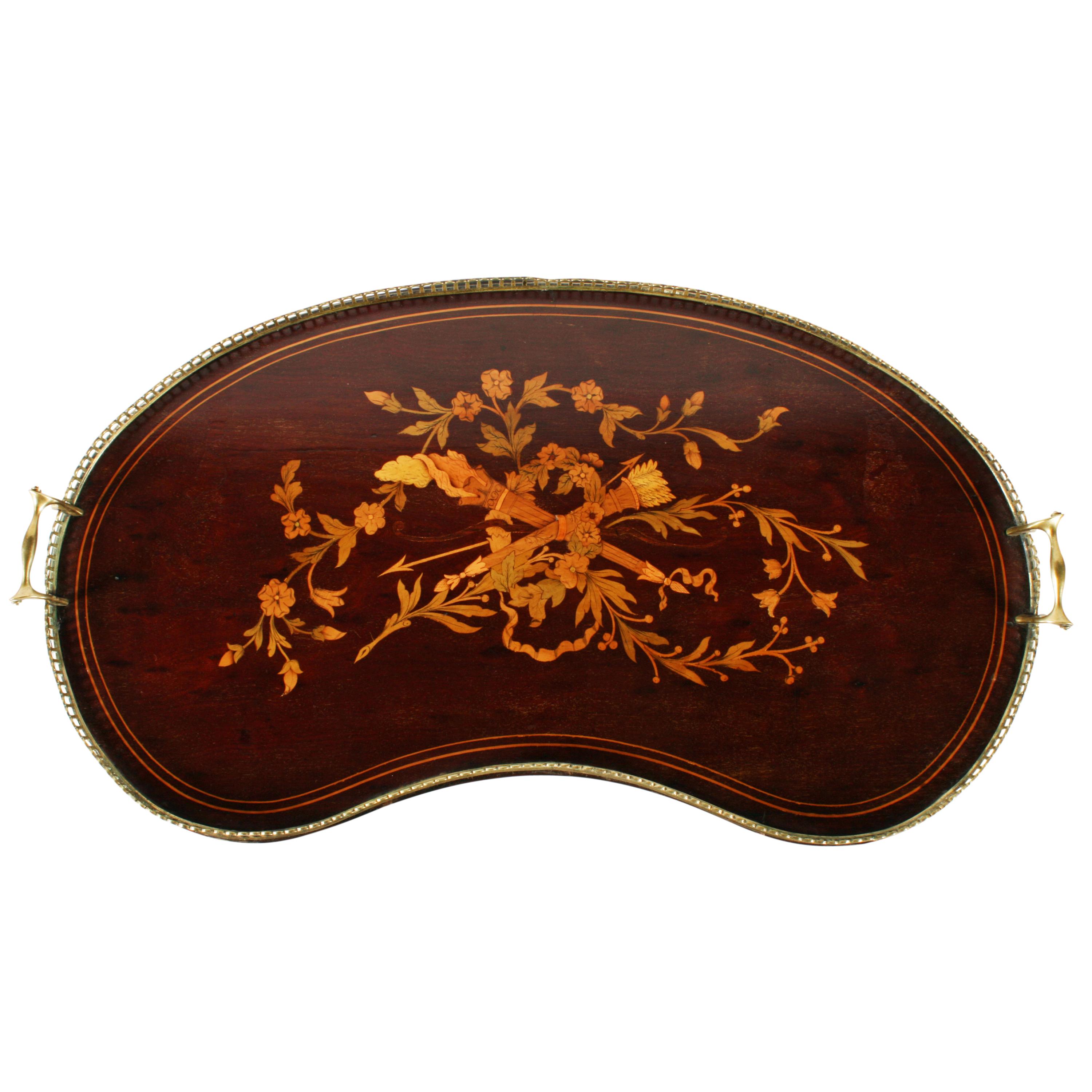 Marquetry Inlaid Kidney Shaped Tray In Good Condition For Sale In Newcastle Upon Tyne, GB