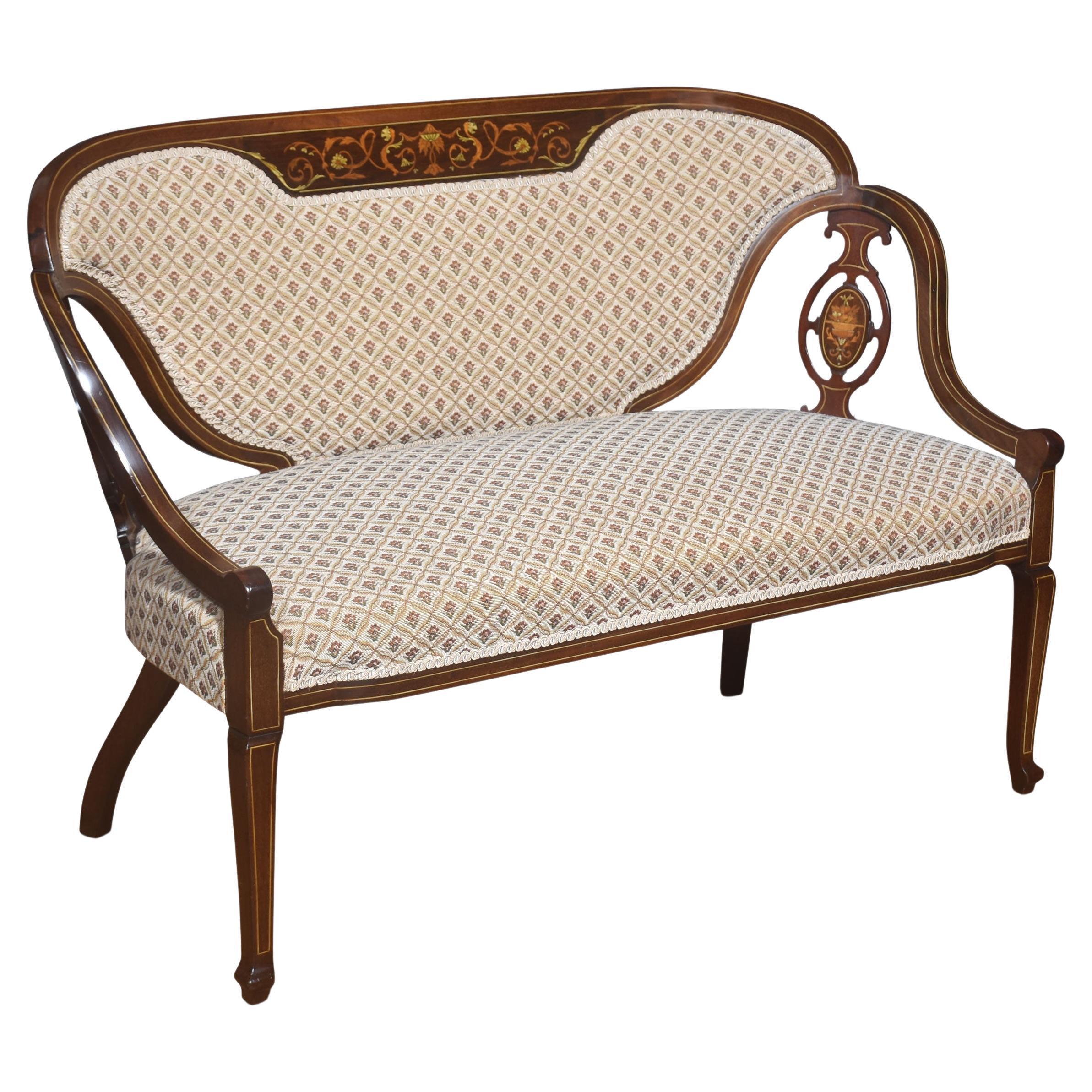 Marquetry Inlaid mahogany settee For Sale