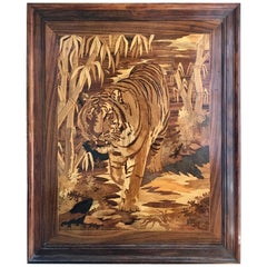 Art mural en bois incrusté de marqueterie représentant un tigre