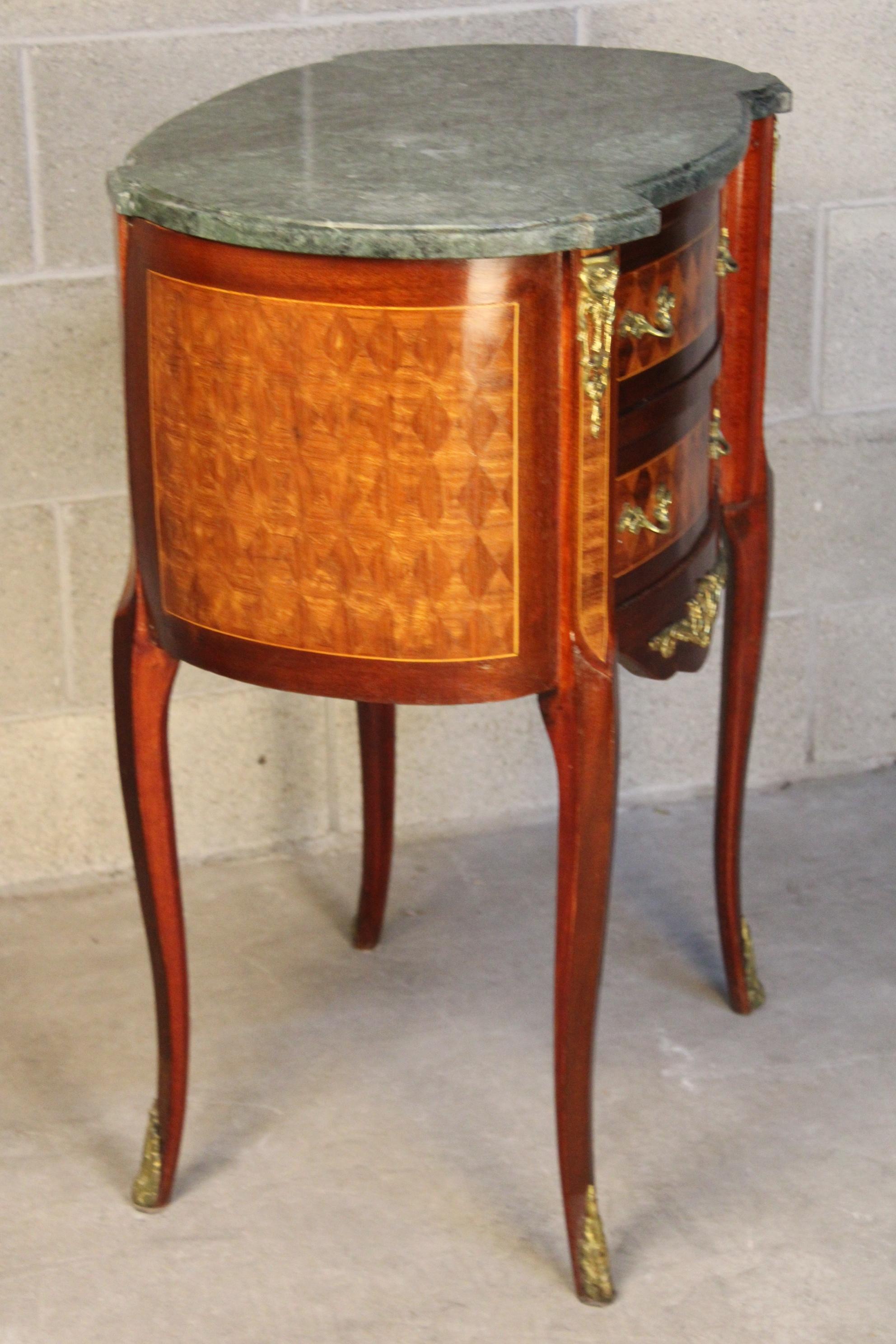 Inlay Marquetry French Side Table with Green Top Marble 