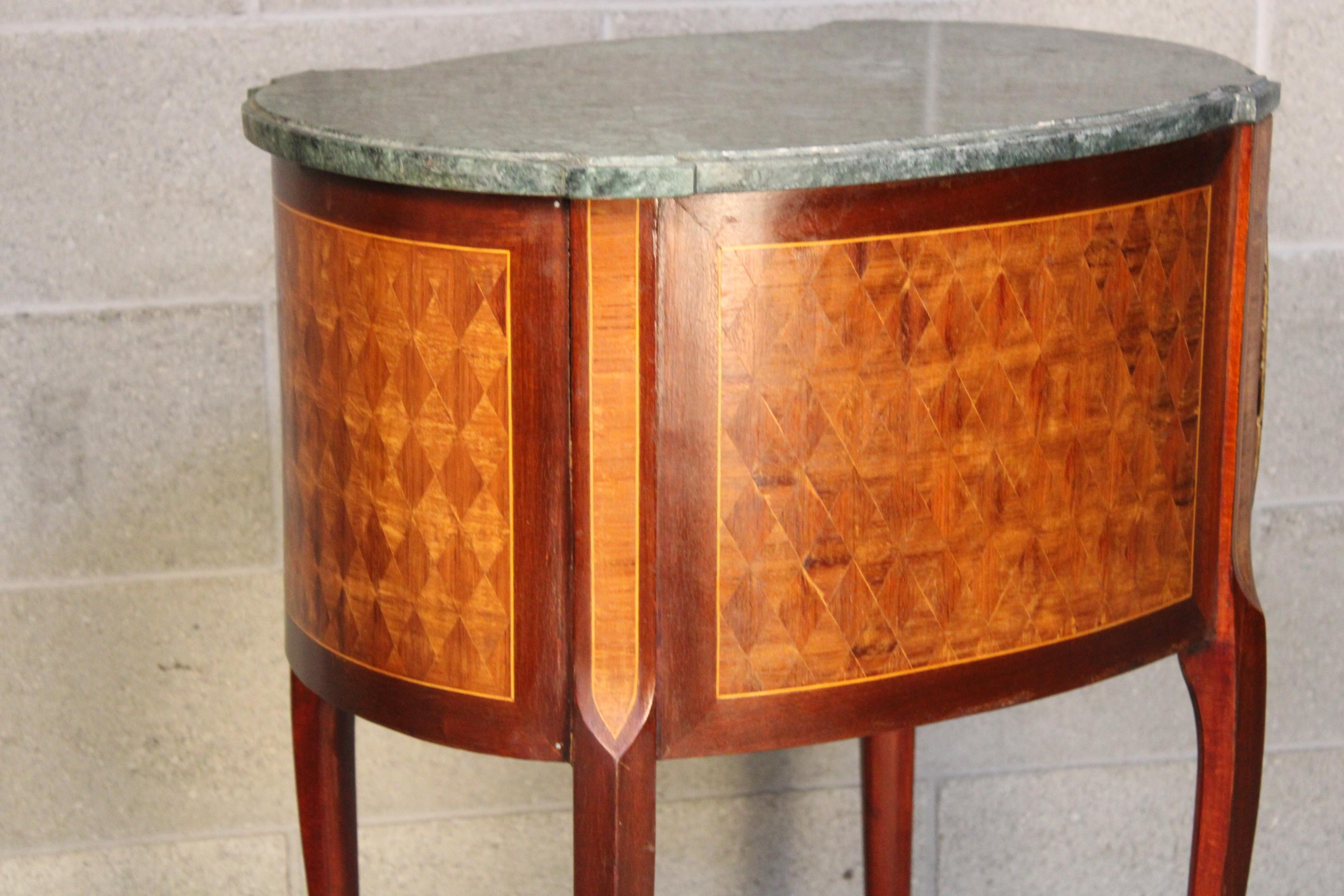 Marquetry French Side Table with Green Top Marble  1