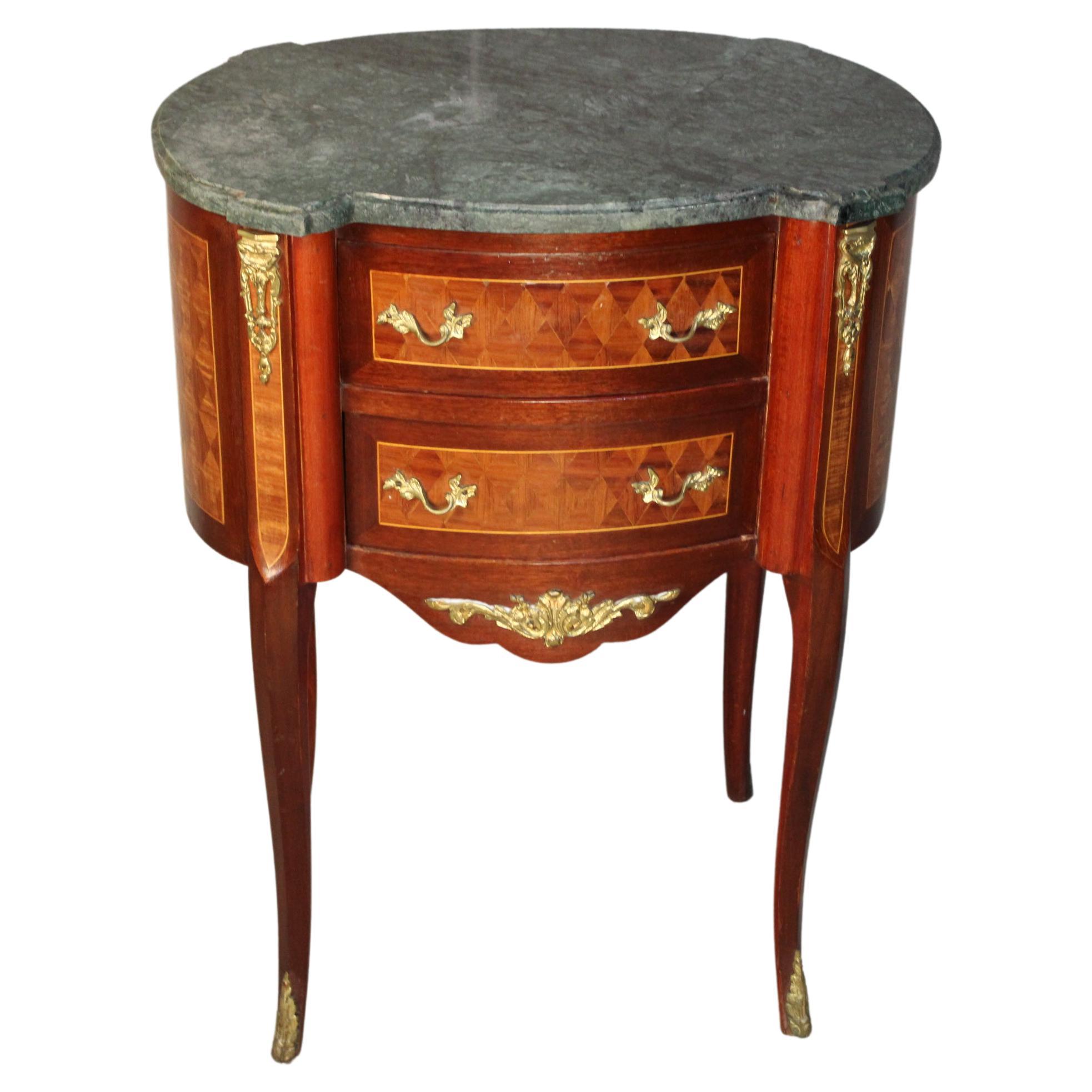 Louis XVI Marquetry French Side Table with Green Top Marble 