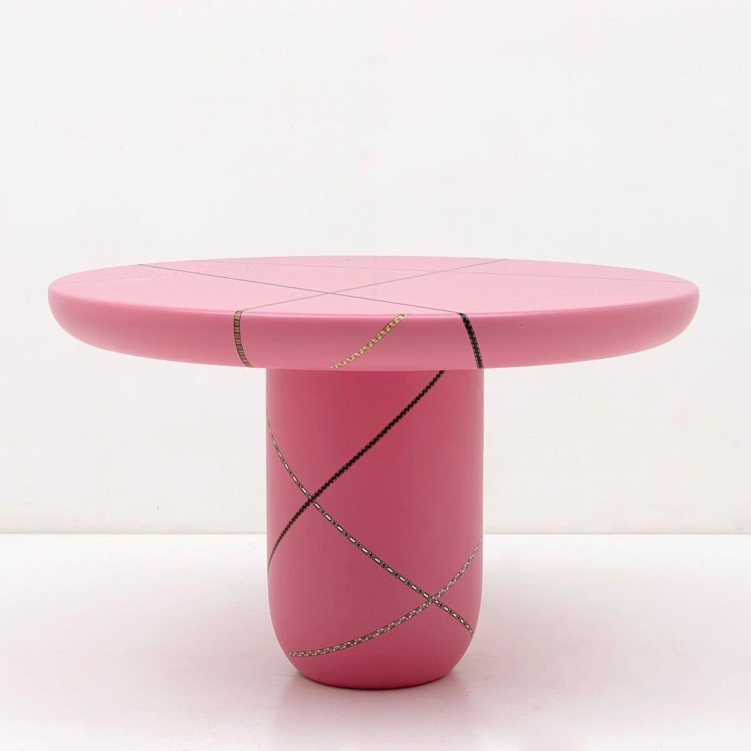Modern Marquetry Mania Inlaid Occasional Table in Matte Pink For Sale