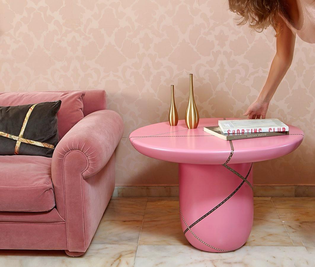 Lebanese Marquetry Mania Inlaid Occasional Table in Matte Pink For Sale