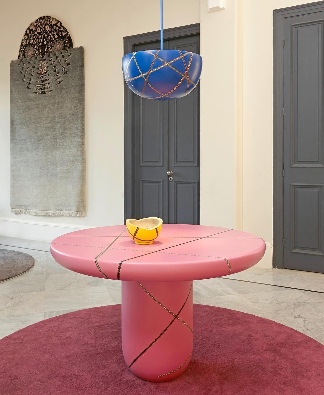 Marquetry Mania Inlaid Occasional Table in Matte Pink In New Condition For Sale In New York, NY