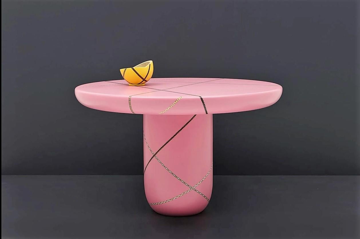 Contemporary Marquetry Mania Inlaid Occasional Table in Matte Pink For Sale