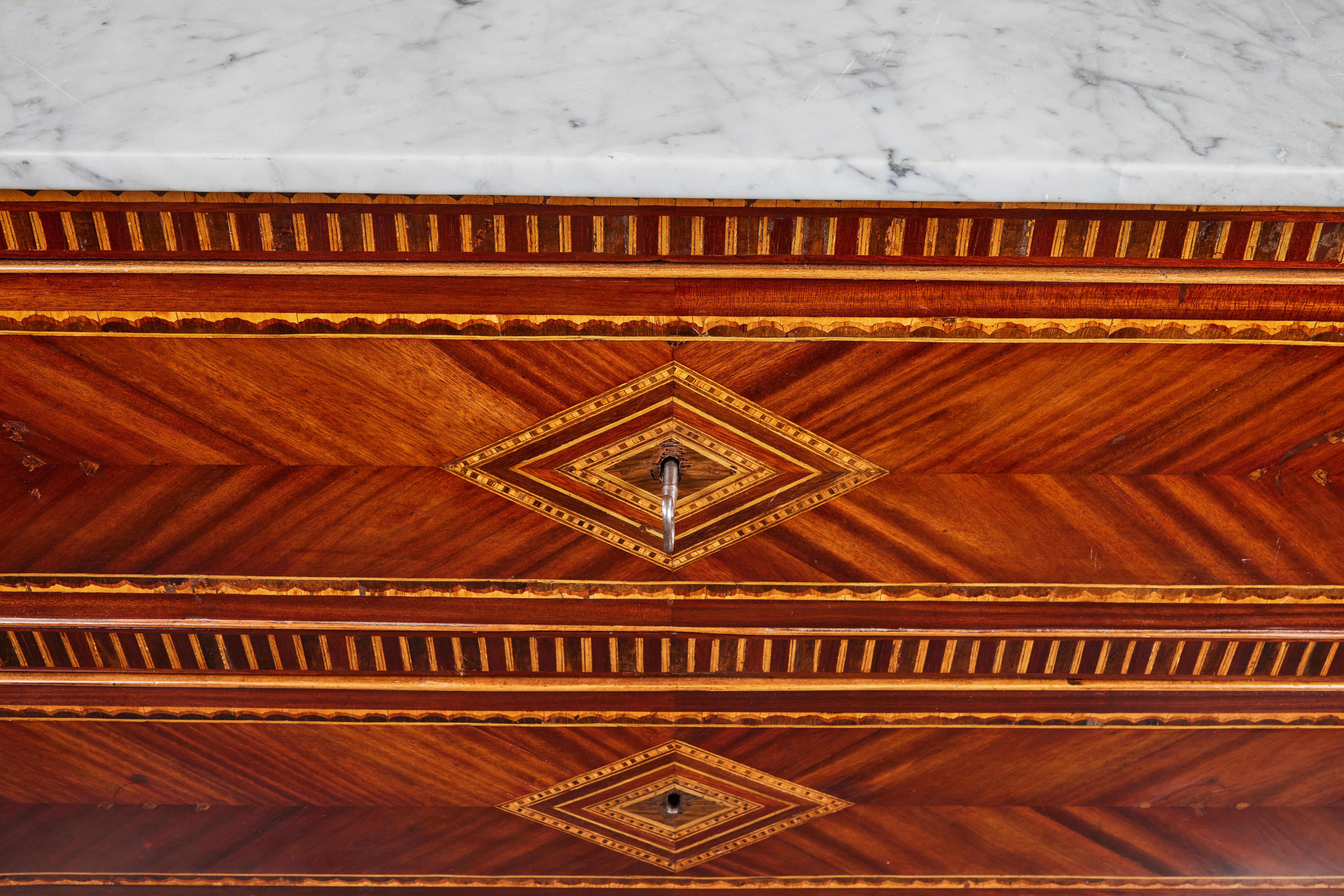 Neoclassical Marquetry Marble Top Commode For Sale