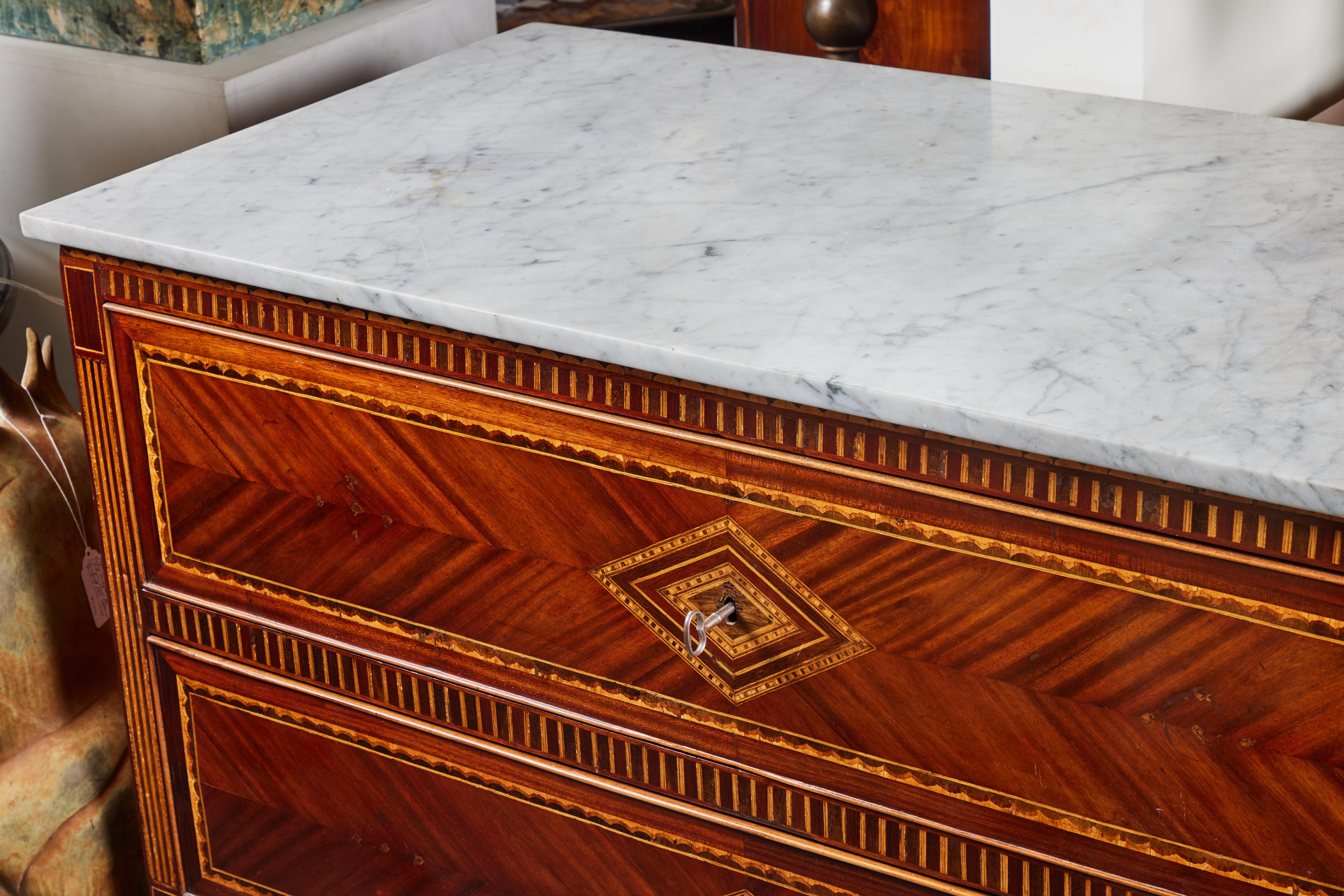 Italian Marquetry Marble Top Commode For Sale
