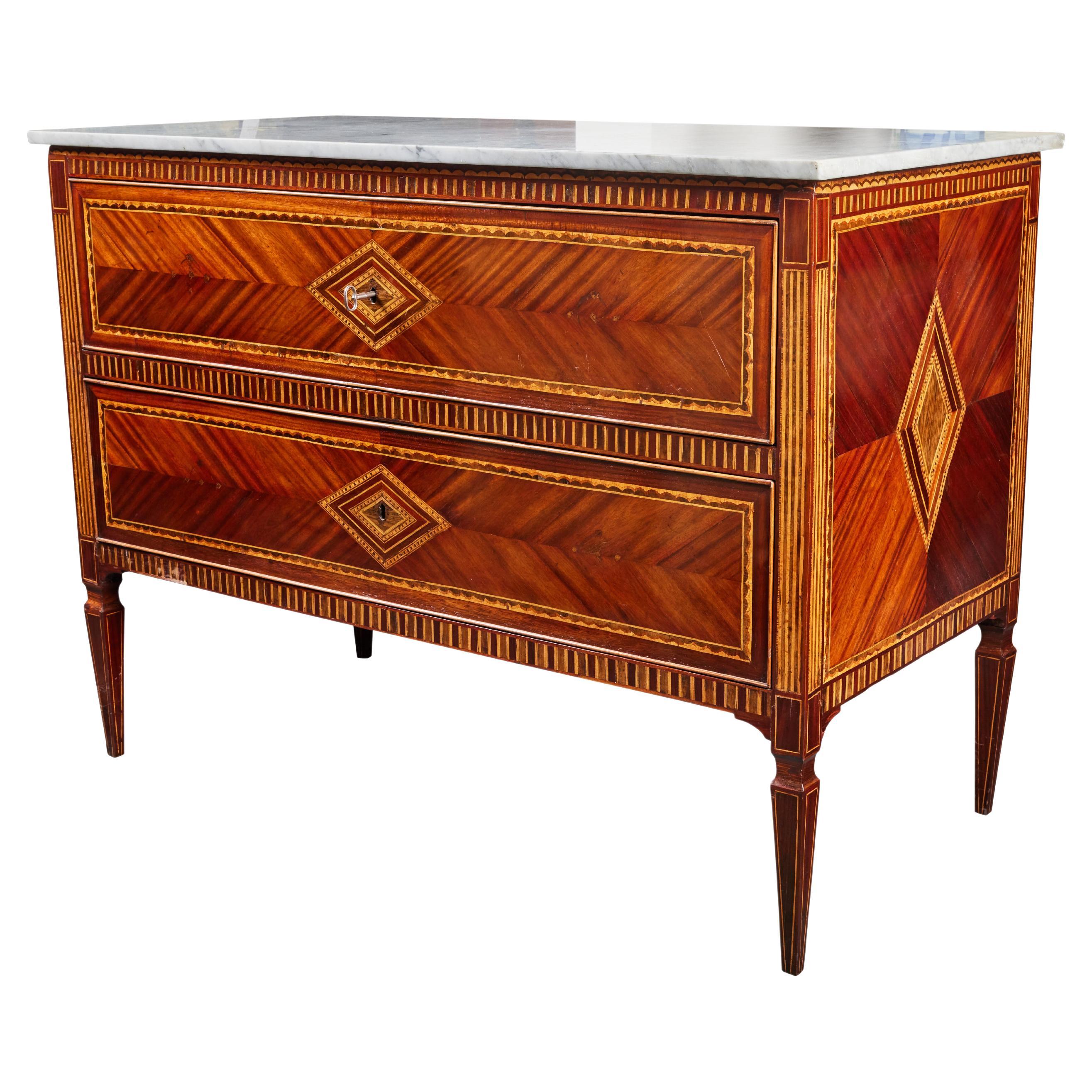 Marquetry Marble Top Commode For Sale