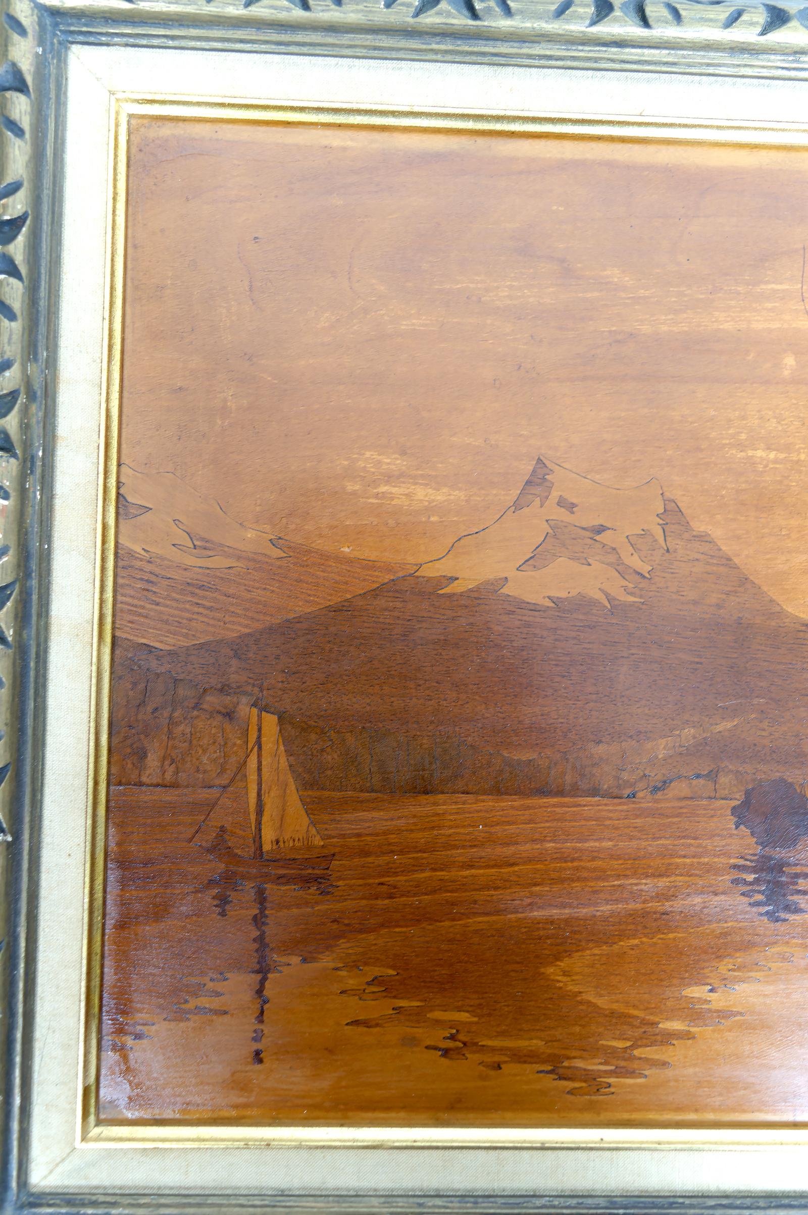Intarsienplatte, Alpensee, Att. Pierre Rosenau, Jugendstil, Anfang 20. (Art nouveau) im Angebot