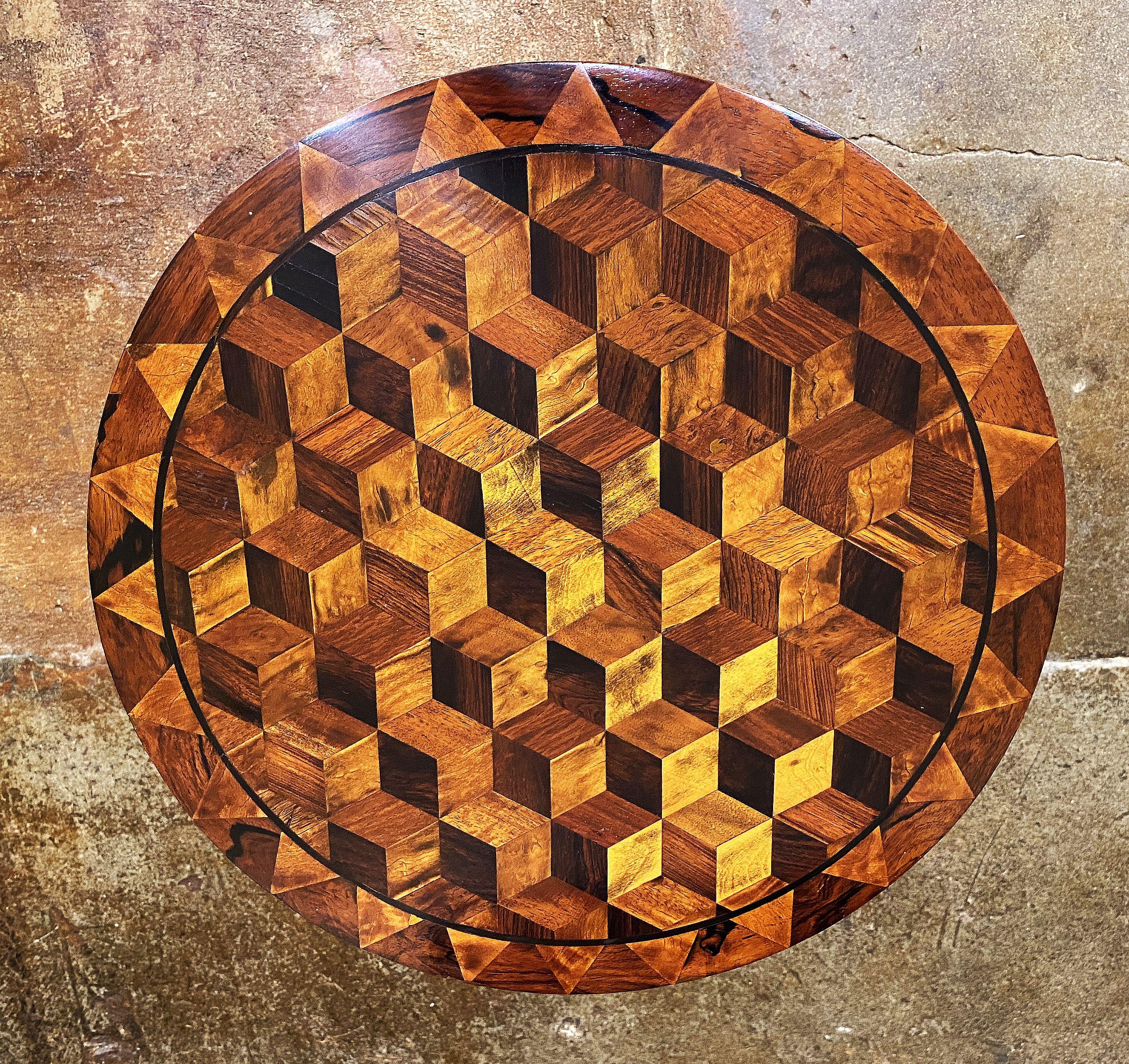 Wood Marquetry Round Top Tripod Table from England