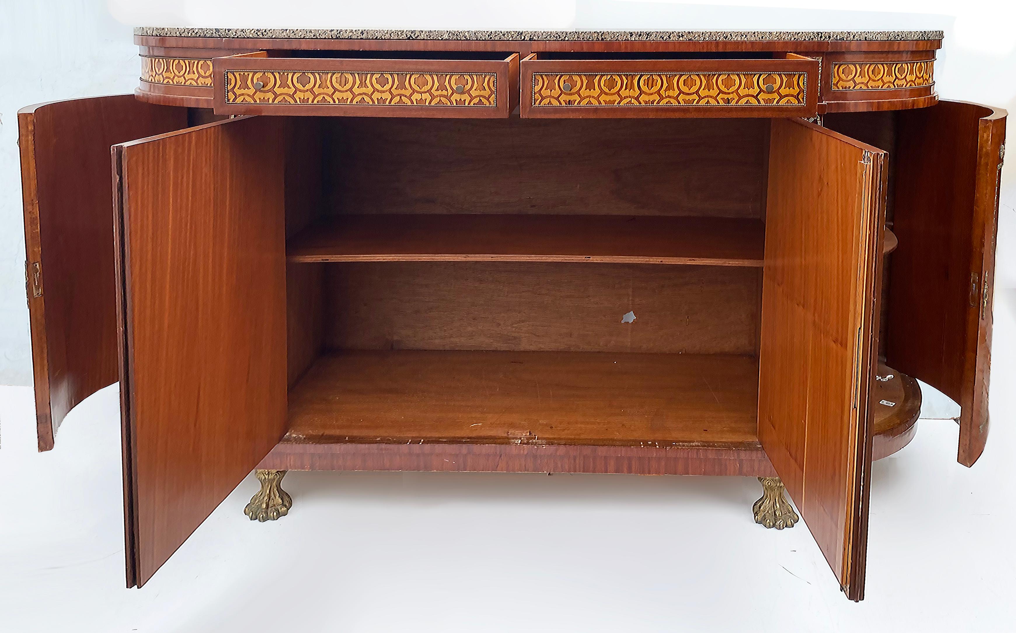 20th Century Marquetry Sideboard French, Granite, Inlay, Bronze Mounts and Feet For Sale