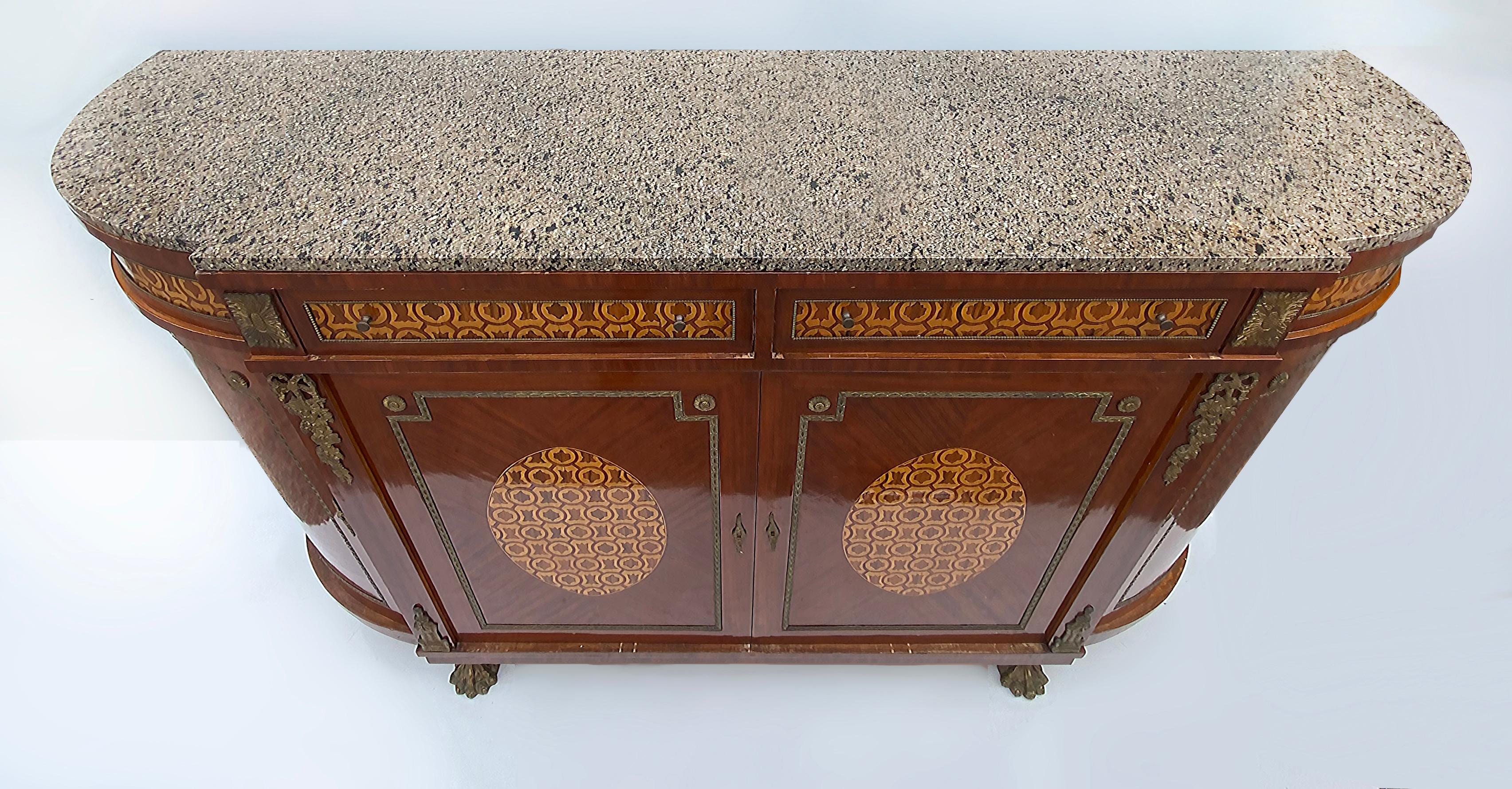 Marquetry Sideboard French, Granite, Inlay, Bronze Mounts and Feet For Sale 1