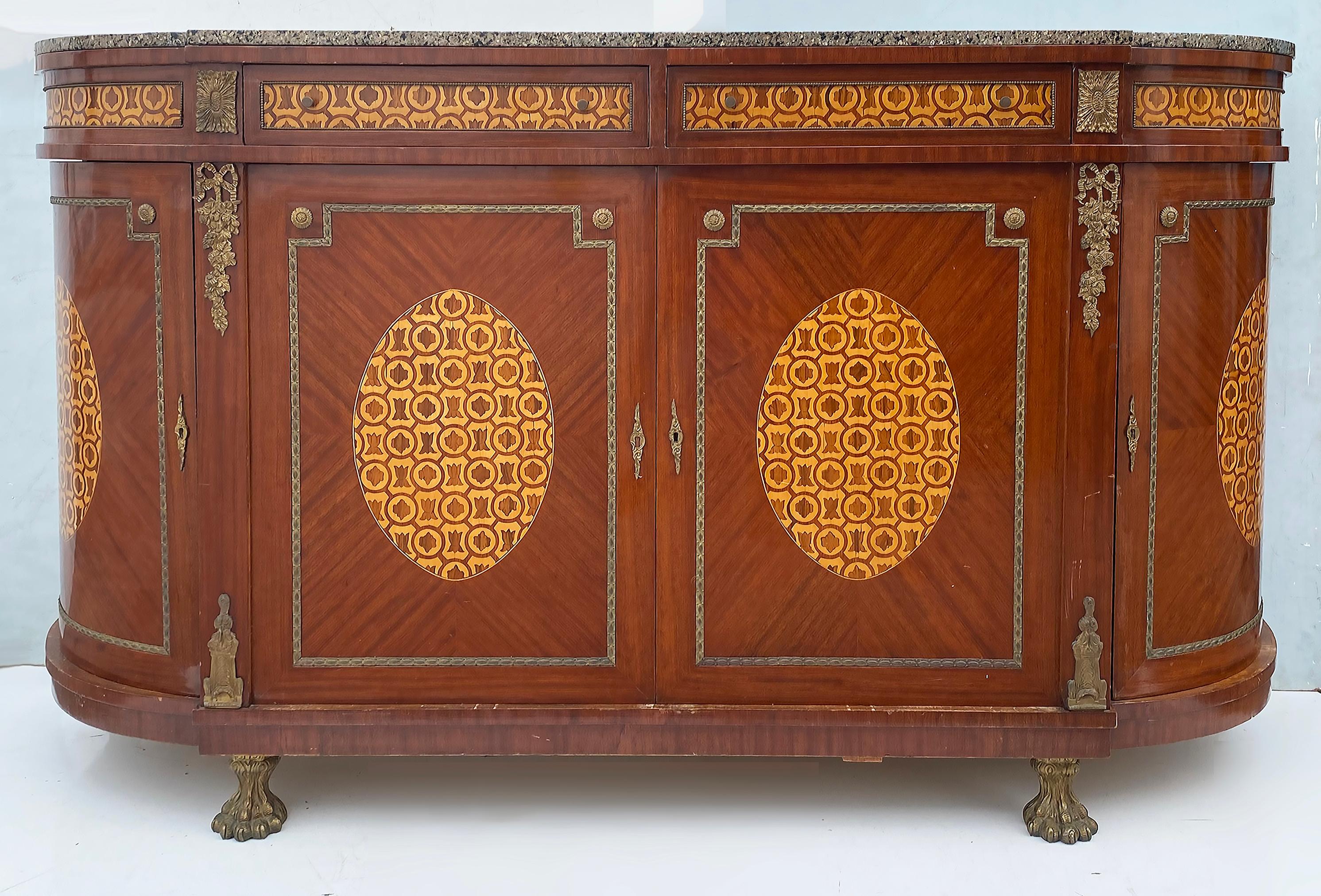 Marquetry Sideboard French, Granite, Inlay, Bronze Mounts and Feet For Sale 2