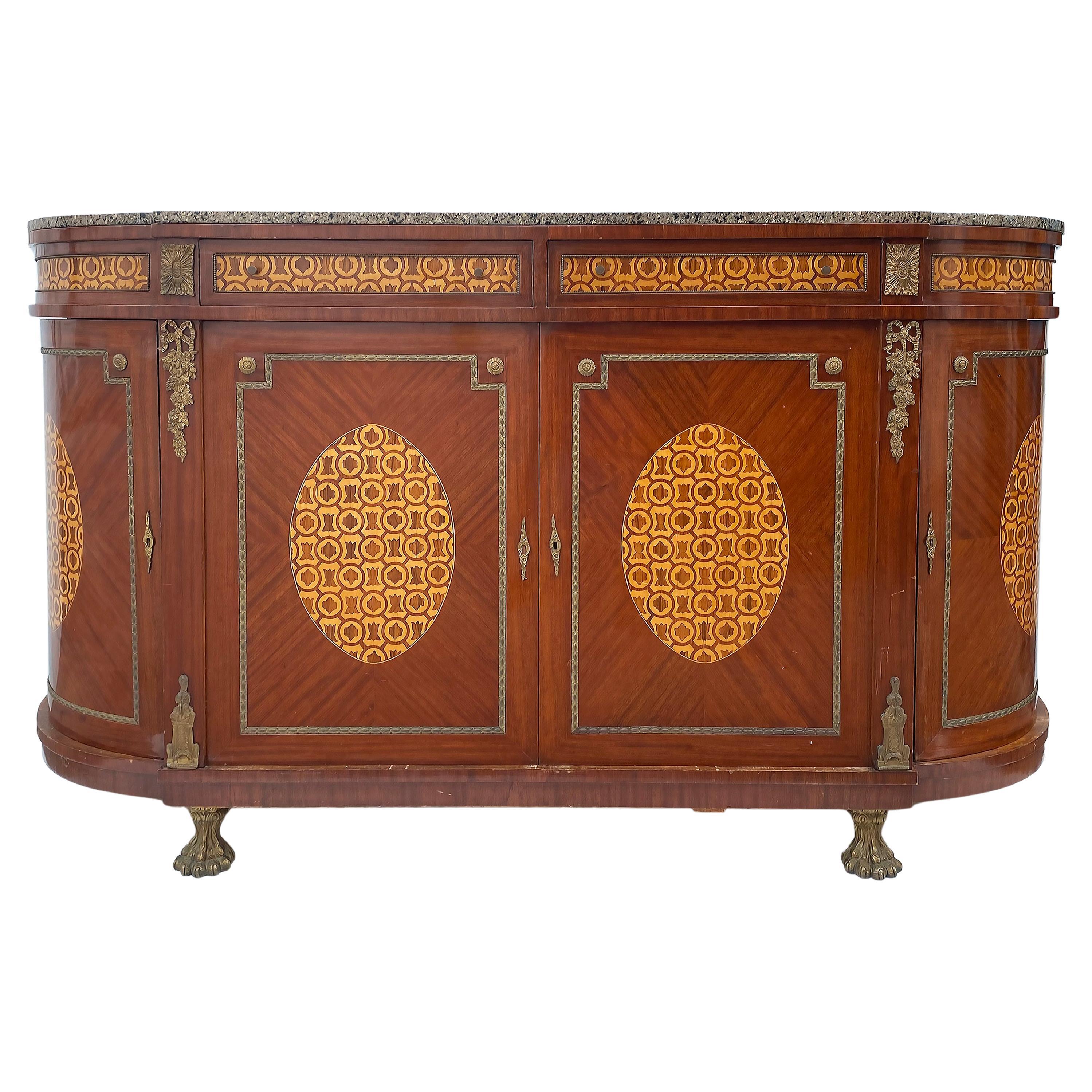 Marquetry Sideboard French, Granite, Inlay, Bronze Mounts and Feet For Sale