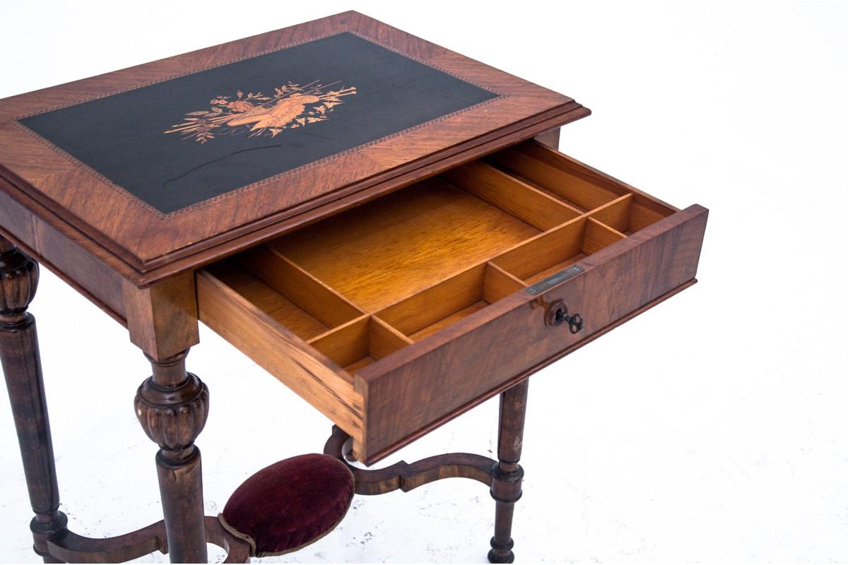 Marquetry Table, Thread, Walnut, Northern Europe, circa 1900 For Sale 1