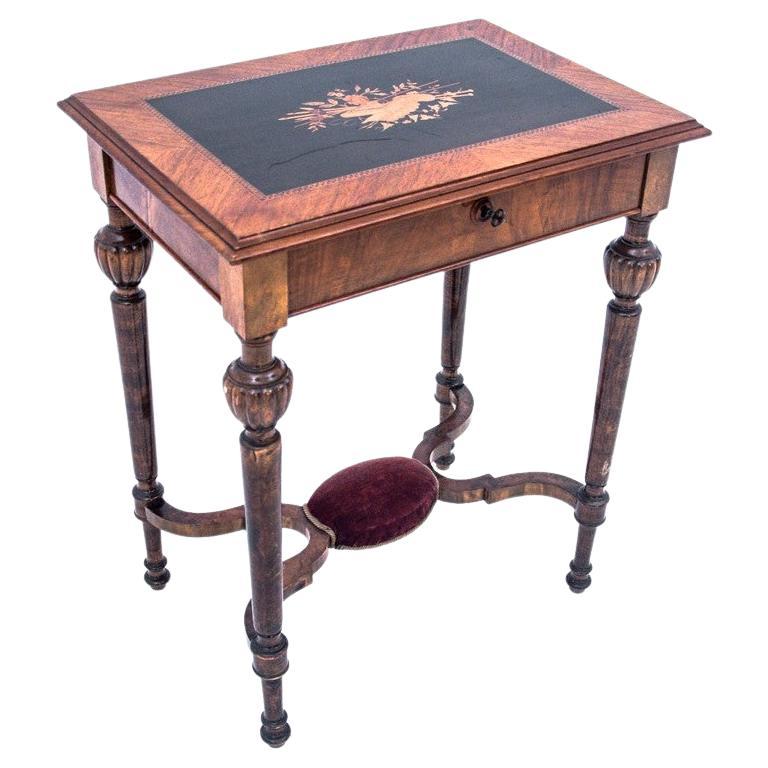 Marquetry Table, Thread, Walnut, Northern Europe, circa 1900 For Sale
