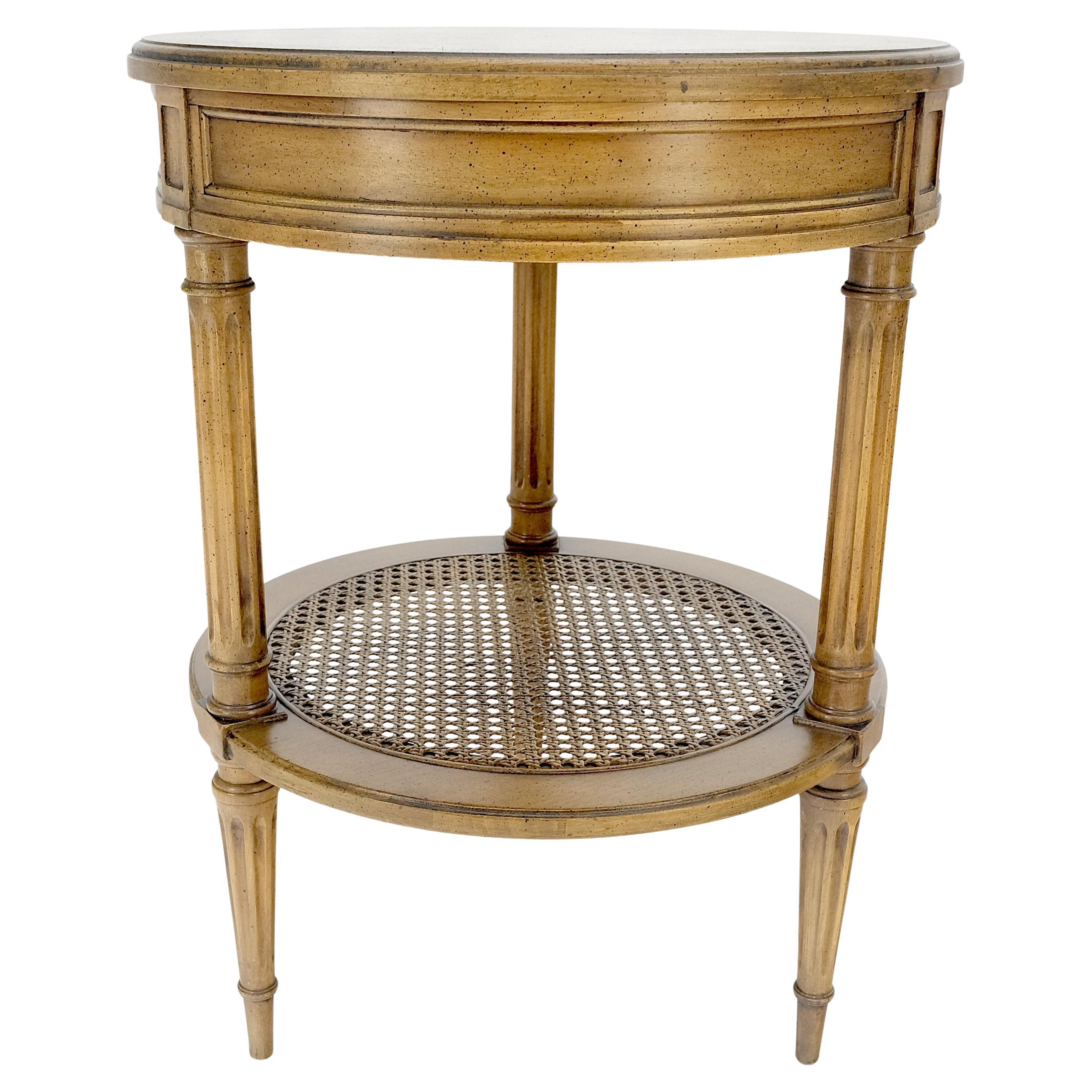 Marquetry Top Two Tier Cane Shelf 18" Diameter Lamp Side Center Table Stand MINT