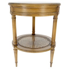 Marquetry Top Two Tier Cane Shelf 18" Diameter Lamp Side Center Table Stand MINT