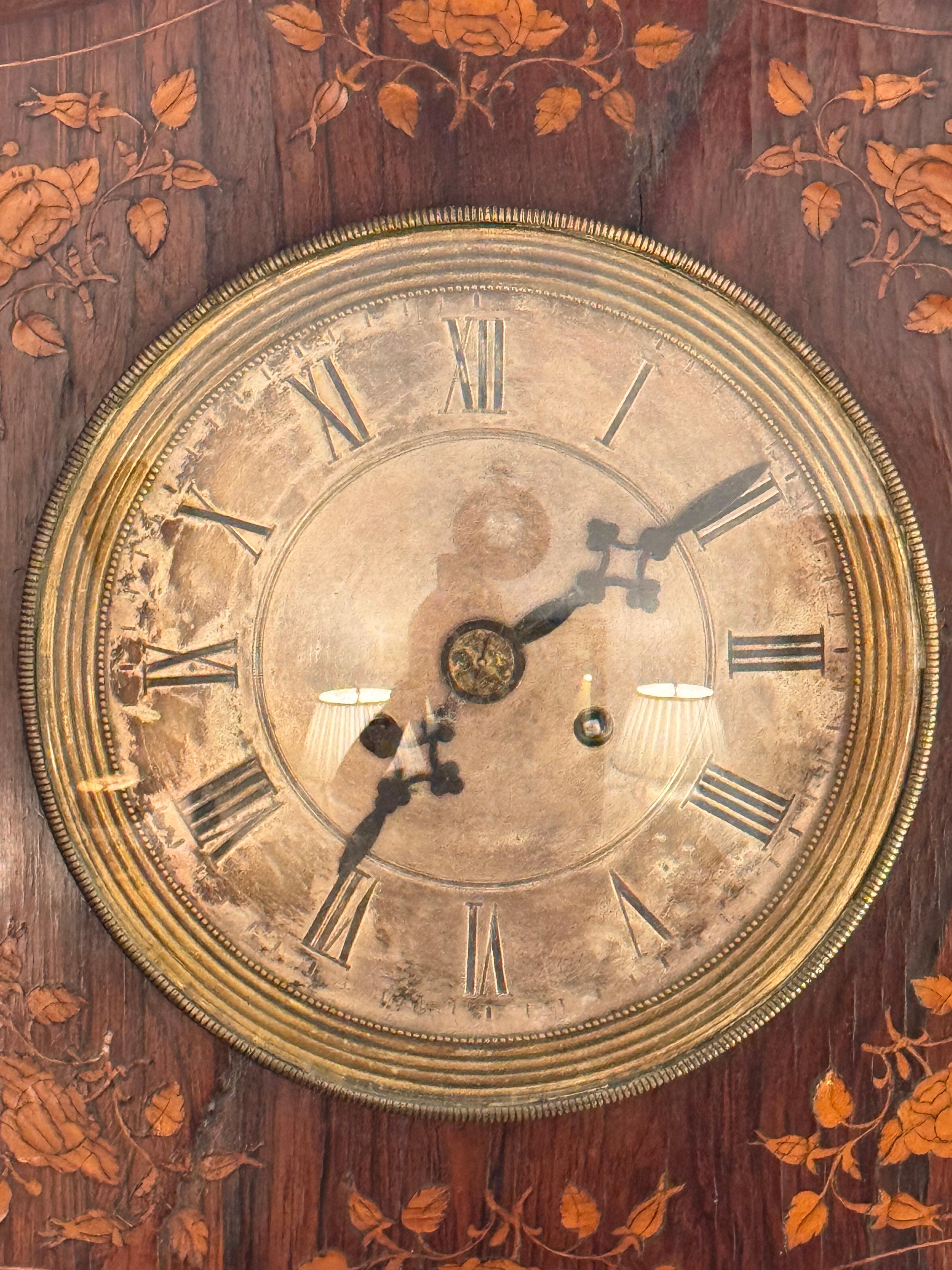 French Marquetry Wall Clock With Floral Inlay For Sale