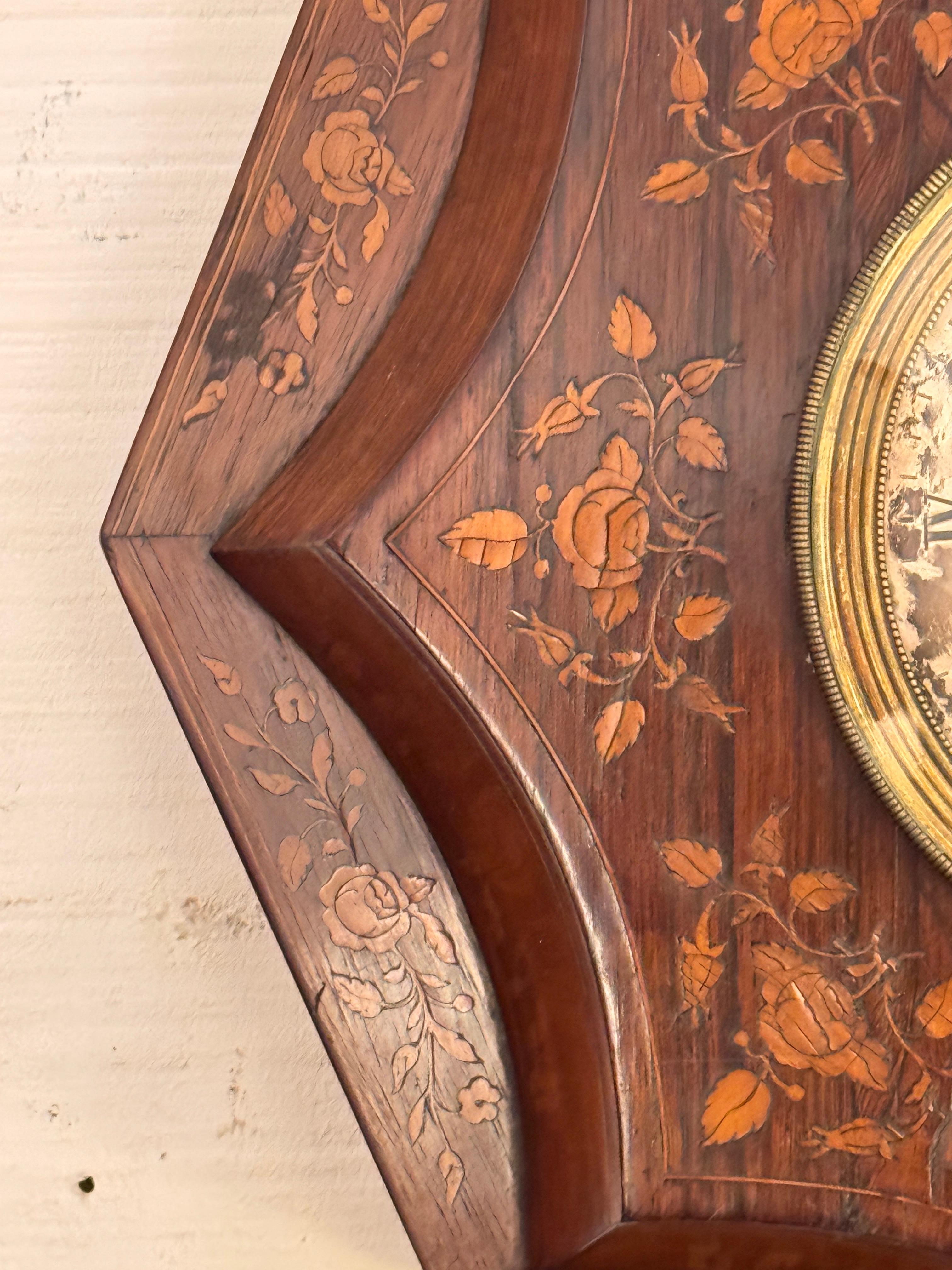 Marquetry Wall Clock With Floral Inlay In Good Condition For Sale In Charlottesville, VA