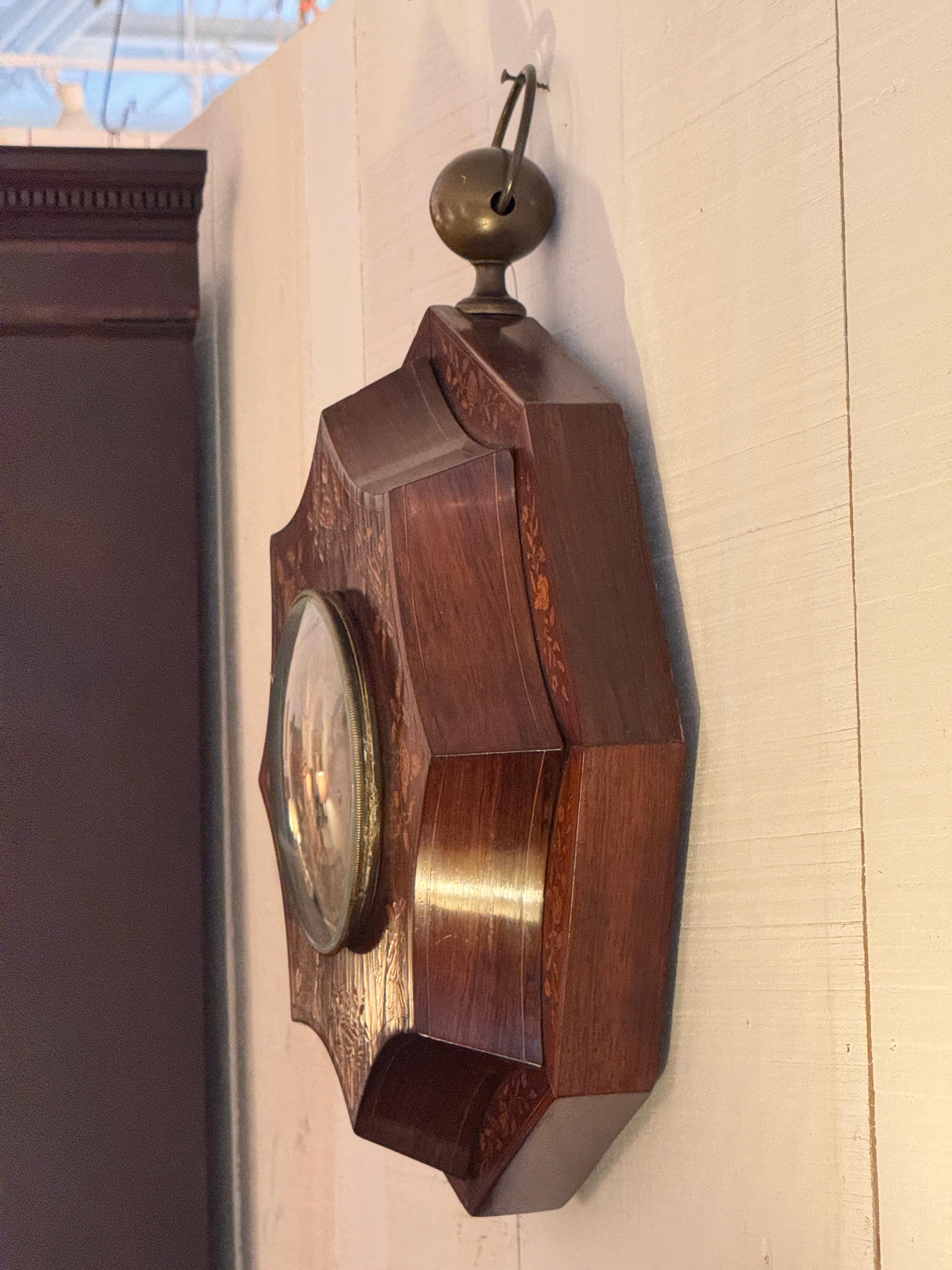 Brass Marquetry Wall Clock With Floral Inlay For Sale