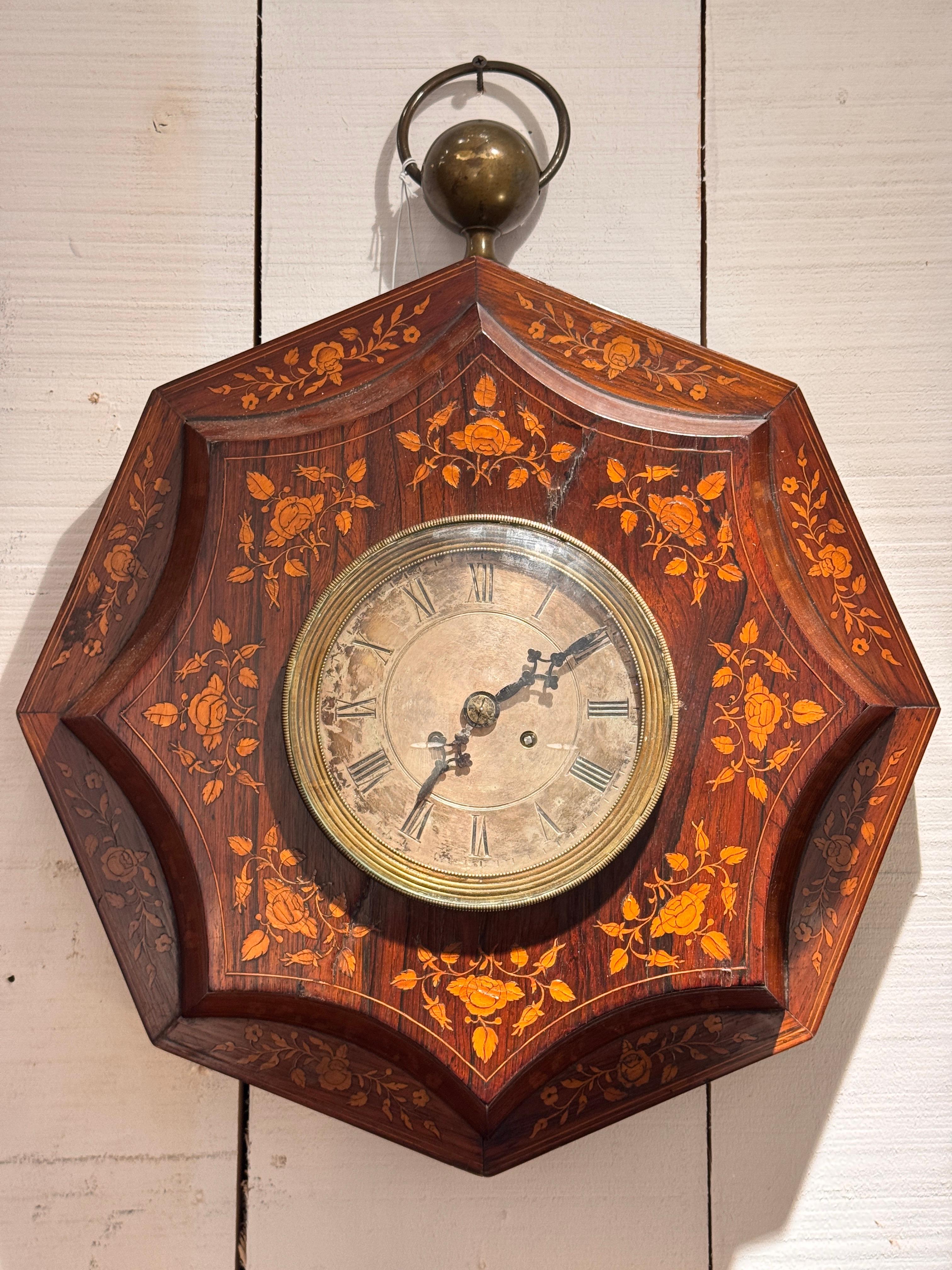 Marquetry Wall Clock With Floral Inlay For Sale 1