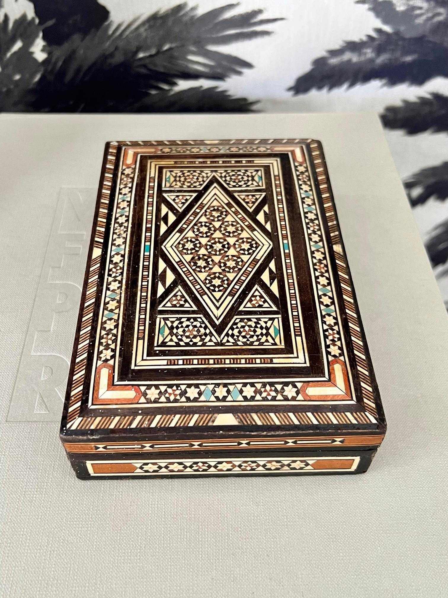 Marquetry Wood Box with Mosaic Bone Inlays, Middle East, circa 1940s For Sale 1