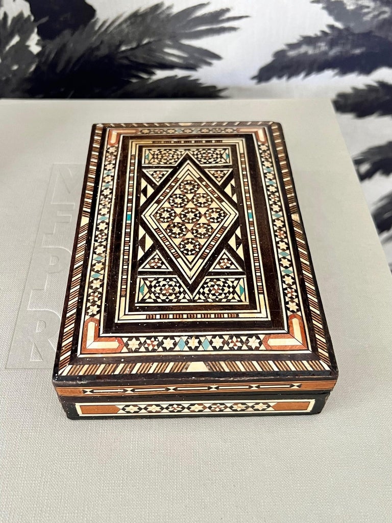 Marquetry Wood Box with Mosaic Bone Inlays, Middle East, C. 1940's For Sale 4