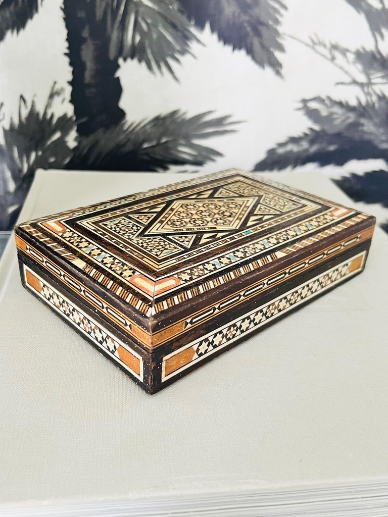 Hand-Carved Marquetry Wood Box with Mosaic Bone Inlays, Middle East, C. 1940's For Sale