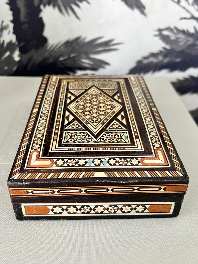 Marquetry Wood Box with Mosaic Bone Inlays, Middle East, C. 1940's In Fair Condition For Sale In Fort Lauderdale, FL