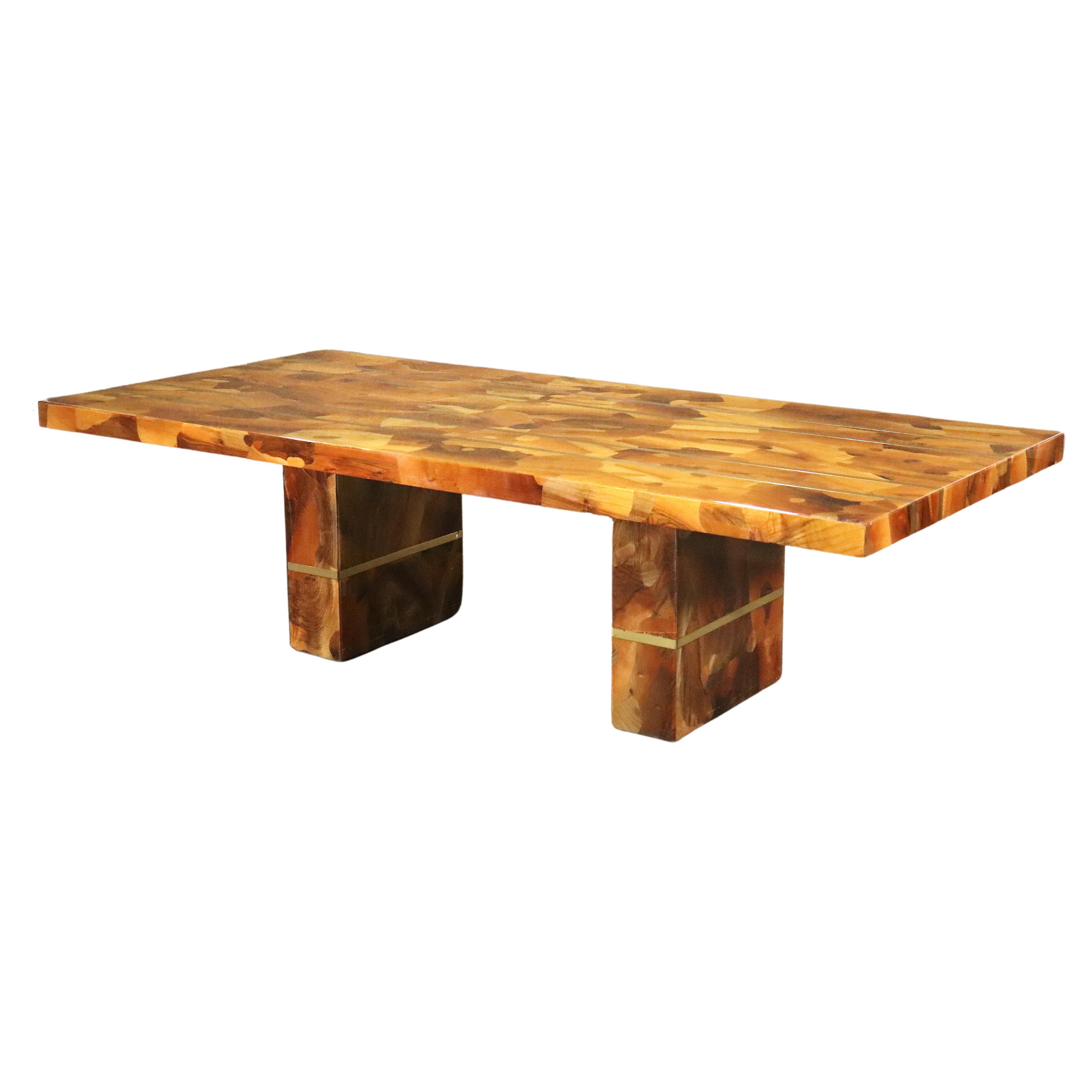 Marquetry Wood & Inlay Brass Dining Table For Sale