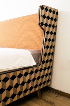 Marquetry Wood Veneer Cubic Dip Bed with Upholstered Headframe