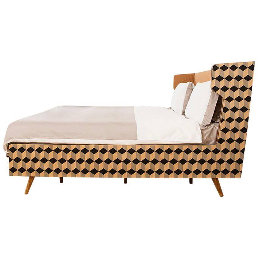 Marquetry Wood Veneer Cubic Dip Bed with Upholstered Headframe For Sale