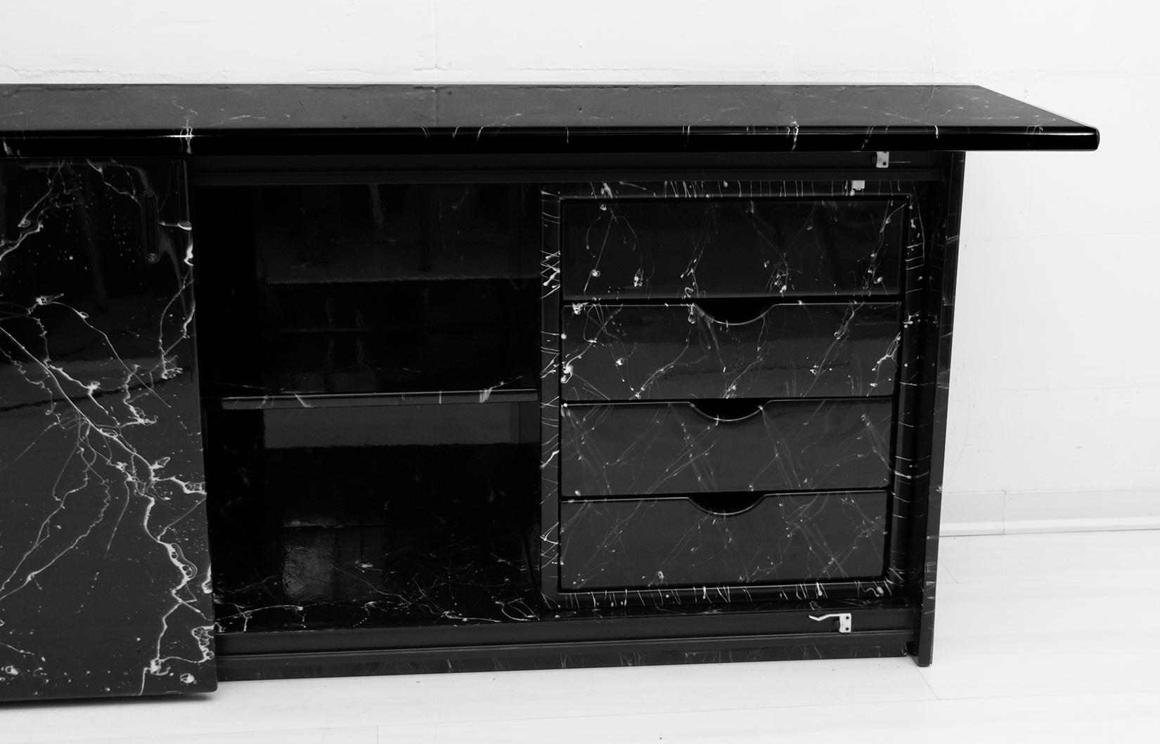 Post-Modern Marquina Black Marble lacquer Italian Post Modern Sideboard, 1980s For Sale