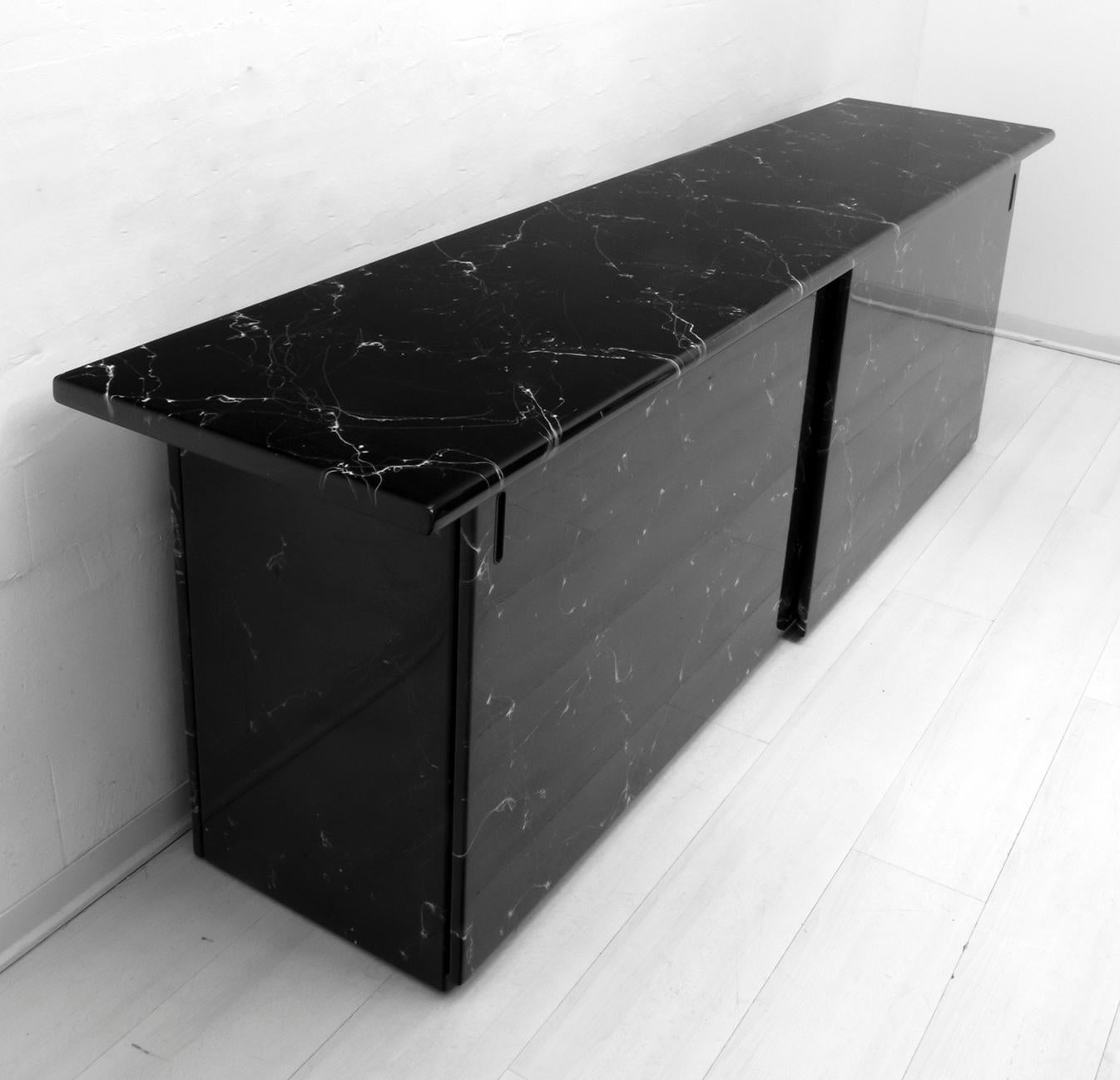 Late 20th Century Marquina Black Marble lacquer Italian Post Modern Sideboard, 1980s For Sale